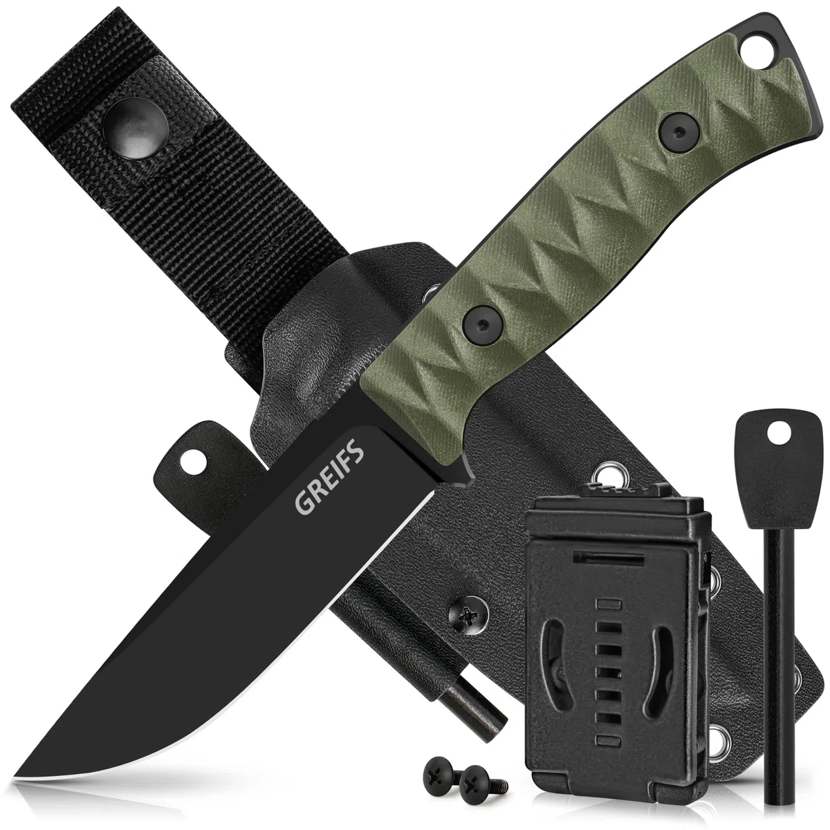 GREIFS® Outdoor-Messer aus D2 Stahl mit Kydex Holster und Feuerstahl, edles Survival Messer für die Bushcraft Ausrüstung, Jagdmesser, Schnitzmesser, Fahrtenmesser (Ranger/Olivgrün)