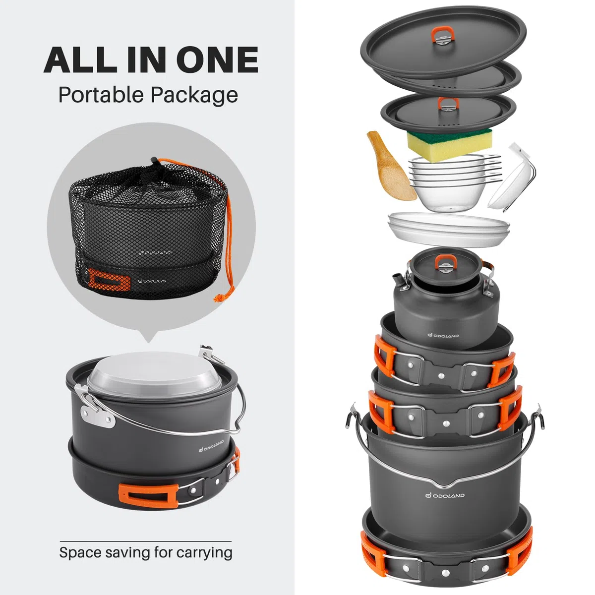 Odoland Camping Kochgeschirr Set 16 Teilig, Outdoor Geschirr Set mit 3 Topfe, Bratpfanne und Wasserkocher Camping Kochtopf Set, Kochgeschirr Aluminium für Camping,Reisen,Picknick