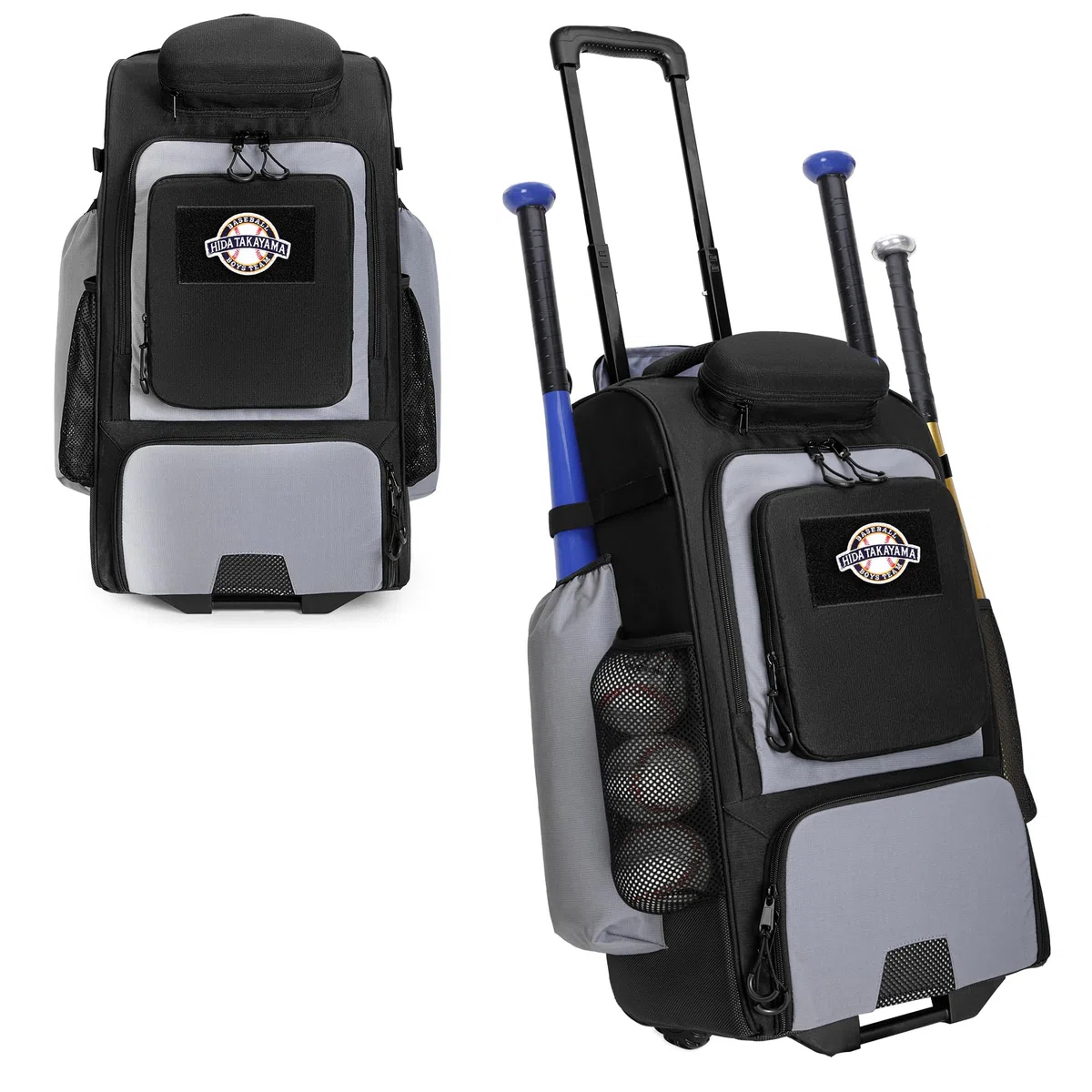 GOBUROS Baseball Rucksack mit Rollen, Softball-Ausrüstungstasche für 4 Schläger, Rollrucksack mit Schuhfach und Mehreren Taschen für Baseball Ausrüstung und Zaunhaken