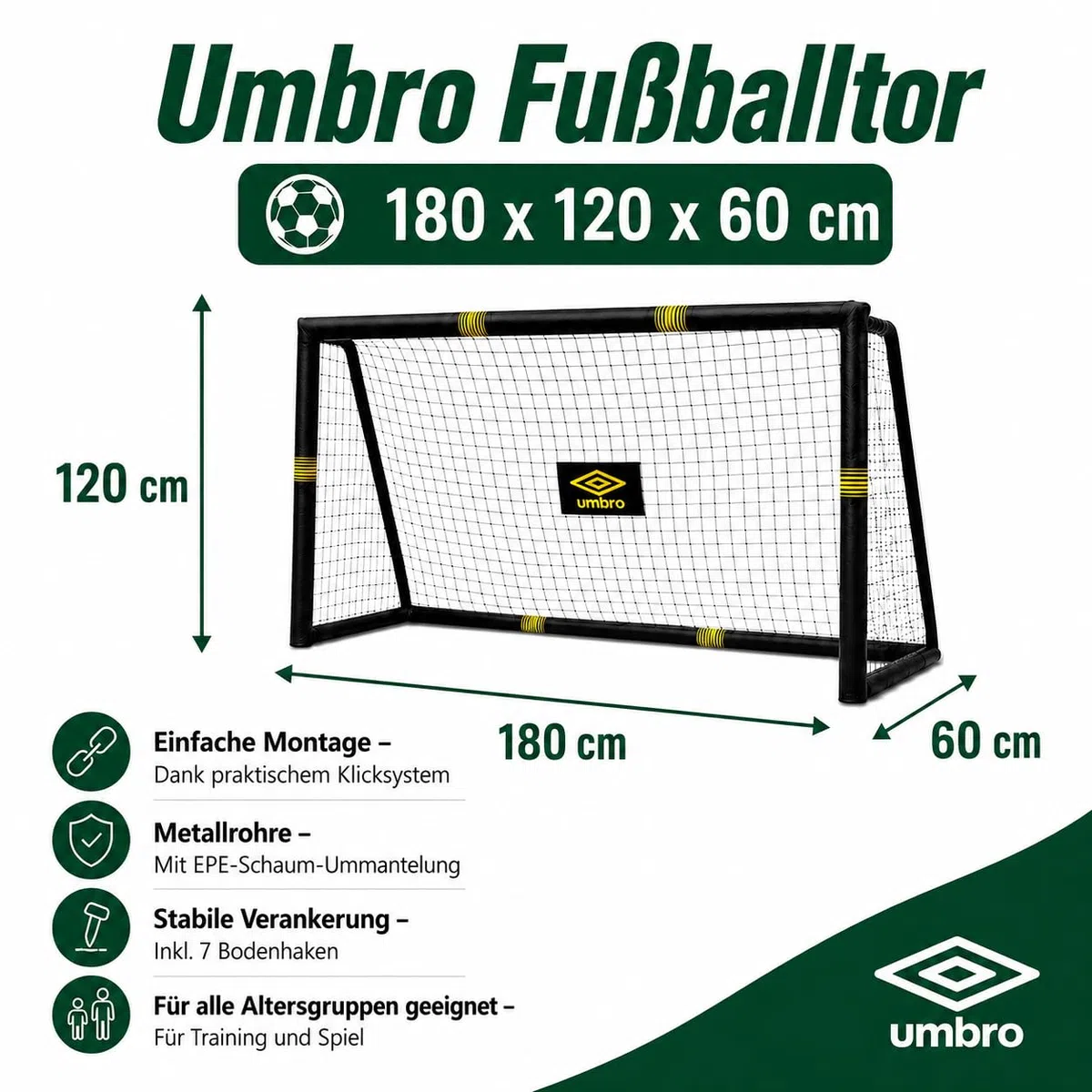 Umbro Fußballtor - Fussballtor Groß - Fußball Tor - Fussballtore für Garten Kinder und Erwachsene - Fussball Trainingszubehör für Innen und Außen - Metall - Schwarz/Gelb