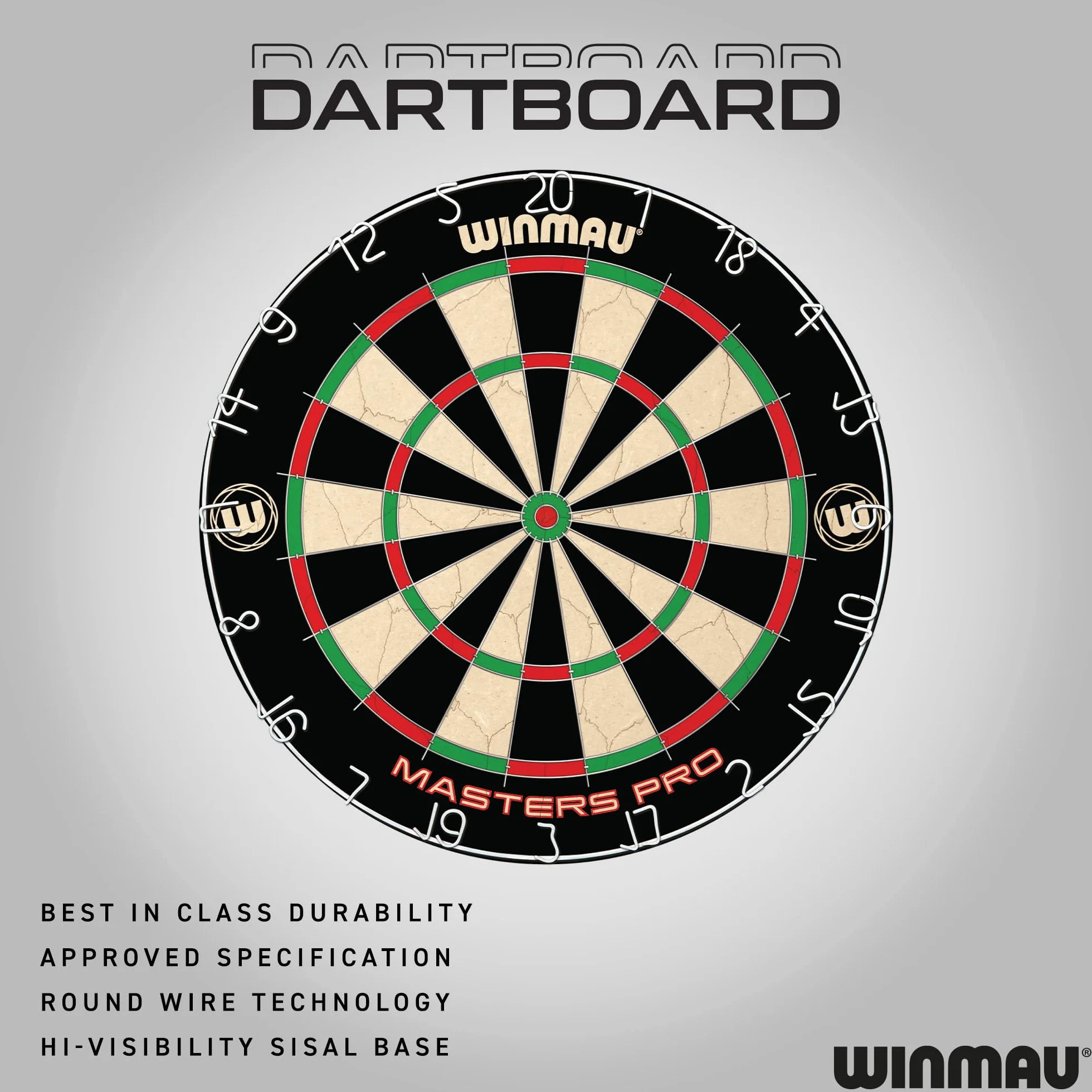 Winmau Masters Pro Dartscheibe mit Oche-Linie & 6 Steeldarts – PDC Steeldartscheibe, Hochdichte Sisal, Ultra-Dünnes Drahtsystem | Erhältlich als Einzel-Set oder Dartschrank-Set mit Dart Zubehör