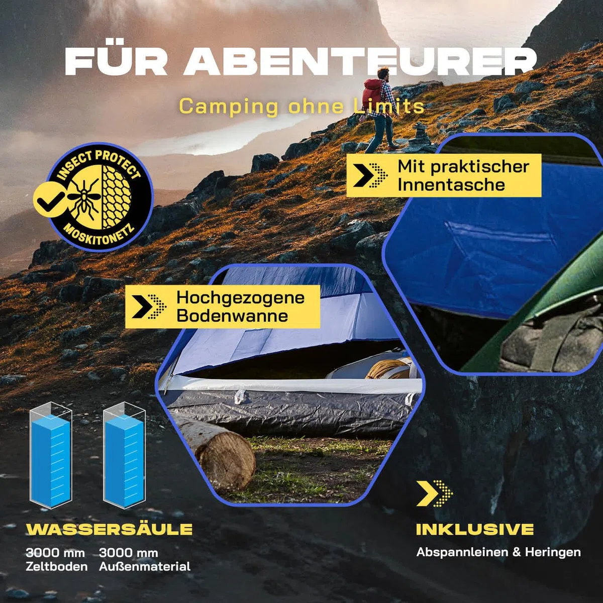 Lumaland Pop Up Camping Zelt | 2-3 Personen Kuppelzelt 215 x 195 x 120 cm| 4 Jahreszeiten Igluzelt | Outdoor Trekking & Festival Wurfzelt | Leicht, Wasserdicht & Robust | Aufbau simpel, schnell