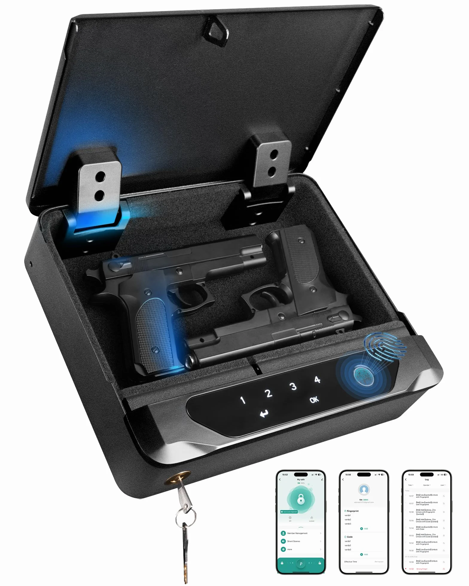 BOOSTEADY Intelligenter biometrischer Waffentresor für Handfeuerwaffen, 4-Wege-Fingerabdruck-Schnellzugriff, Waffenschlossbox für zwei Waffen mit Fingerabdruck-/Digitaltastatur/Schlüssel/App-Funktion