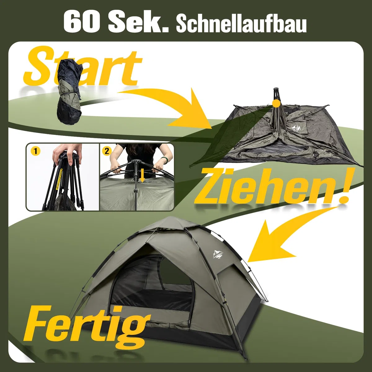 Zelt 2/3/4 Personen Campingzelt Pop Up - 40s Automatik Schnellaufbau, 2-4 Mann Zelte Wasserdicht 3000mm & Winddicht, Doppelwand Kuppelzelt mit Regenschutz, Wurfzelt für Camping