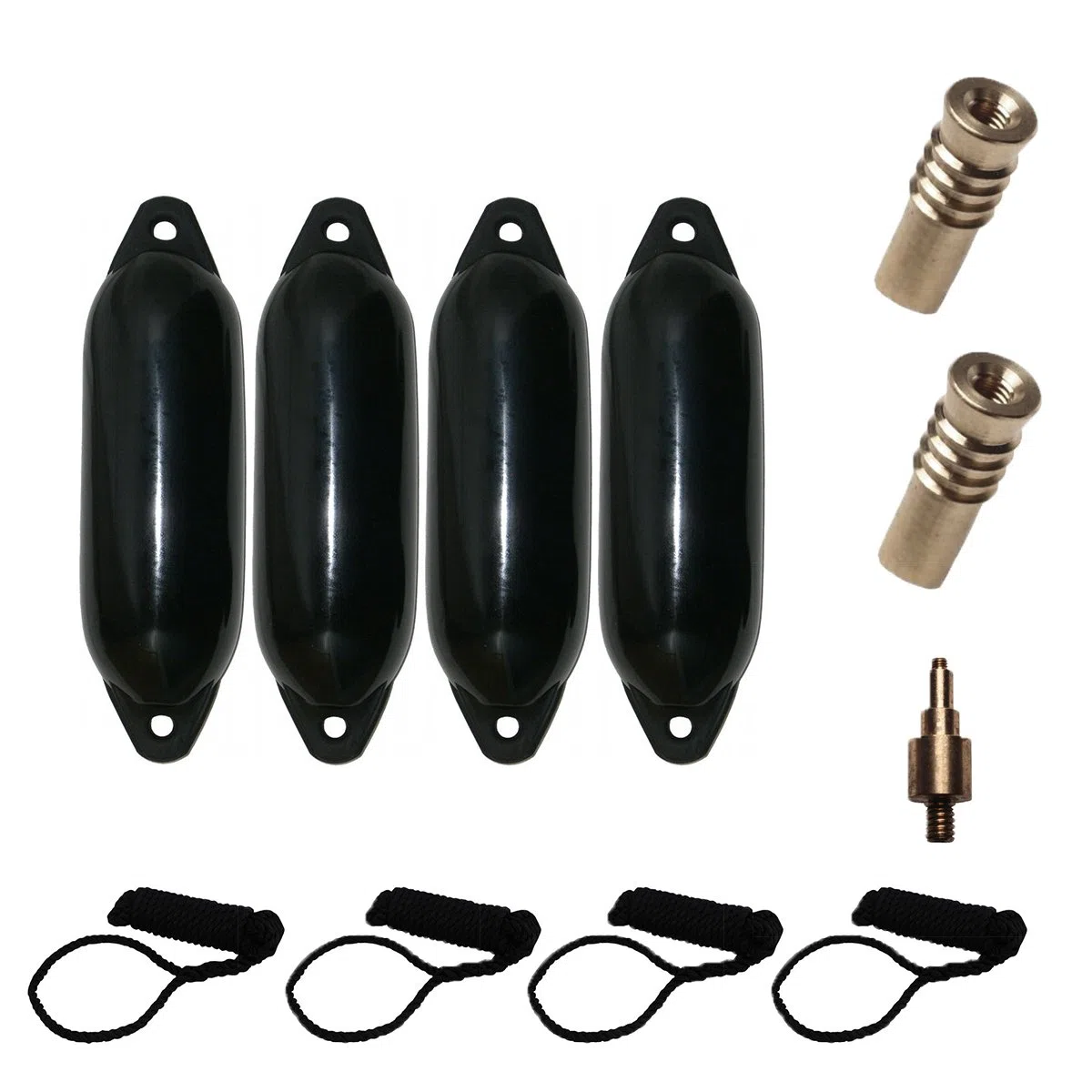 Majoni Komplettset 4er-Set Star 55 Schutzkörper für Boote mit 4 Leinen, 2 Ersatzventilen und 1 Ventiladapter - schwarz 90 x 30 cm
