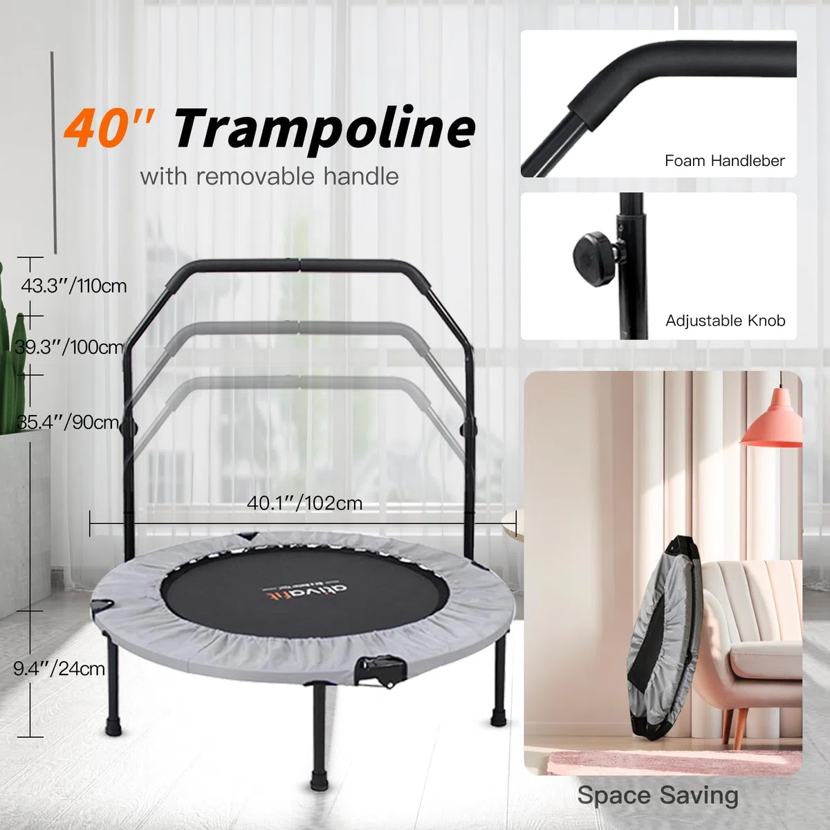 ATIVAFIT 102cm Faltbarer Trampolin mit verstellbarem Schaumstoffgriff Indoor für Erwachsene Ideal für Körperfitness-Training in Innenräumen Training Sport zuhause