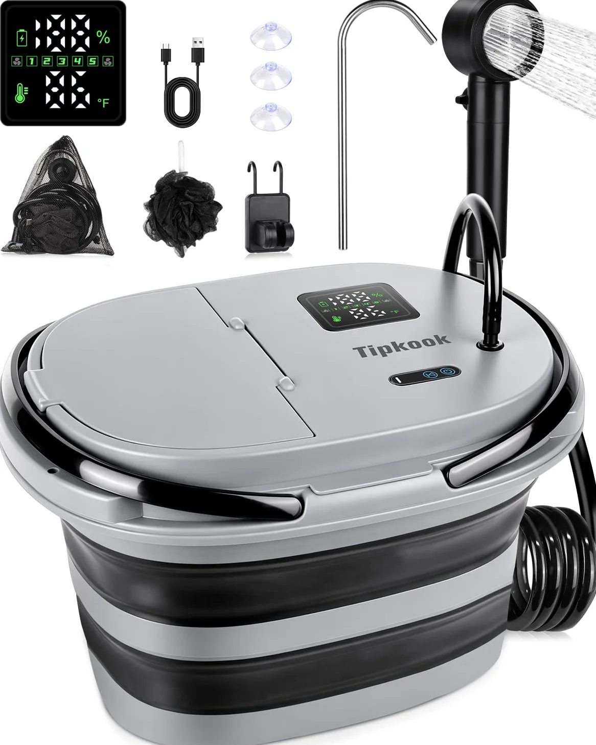 Campingdusche Tragbare 13000mAh Camping Dusche mit Pumpe 20L Klappbarer Eimer USB-Aufladung