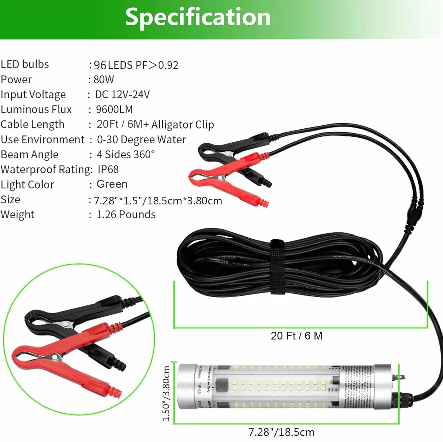 80W 9600 Lumen superhelle Fischköder Unterwasser LED Angellicht (Grün) | IP68 wasserdichte Fischattraktor lampe Fischauge Köder Licht für Boot, Meer, Eisfischen, Süßwasser und Salzwasser grünes