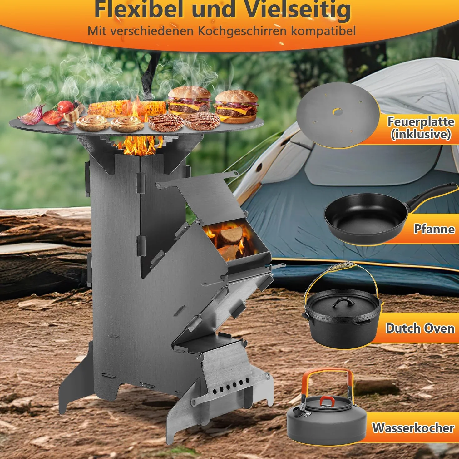 Raketenofen mit Grillplatte und Feuerhaken, Rocket Stove Outdoor, Stecksystem, 3 mm dickem Stahl, Holzofen Campingofen Pelletofen für Dutch Oven BBQ
