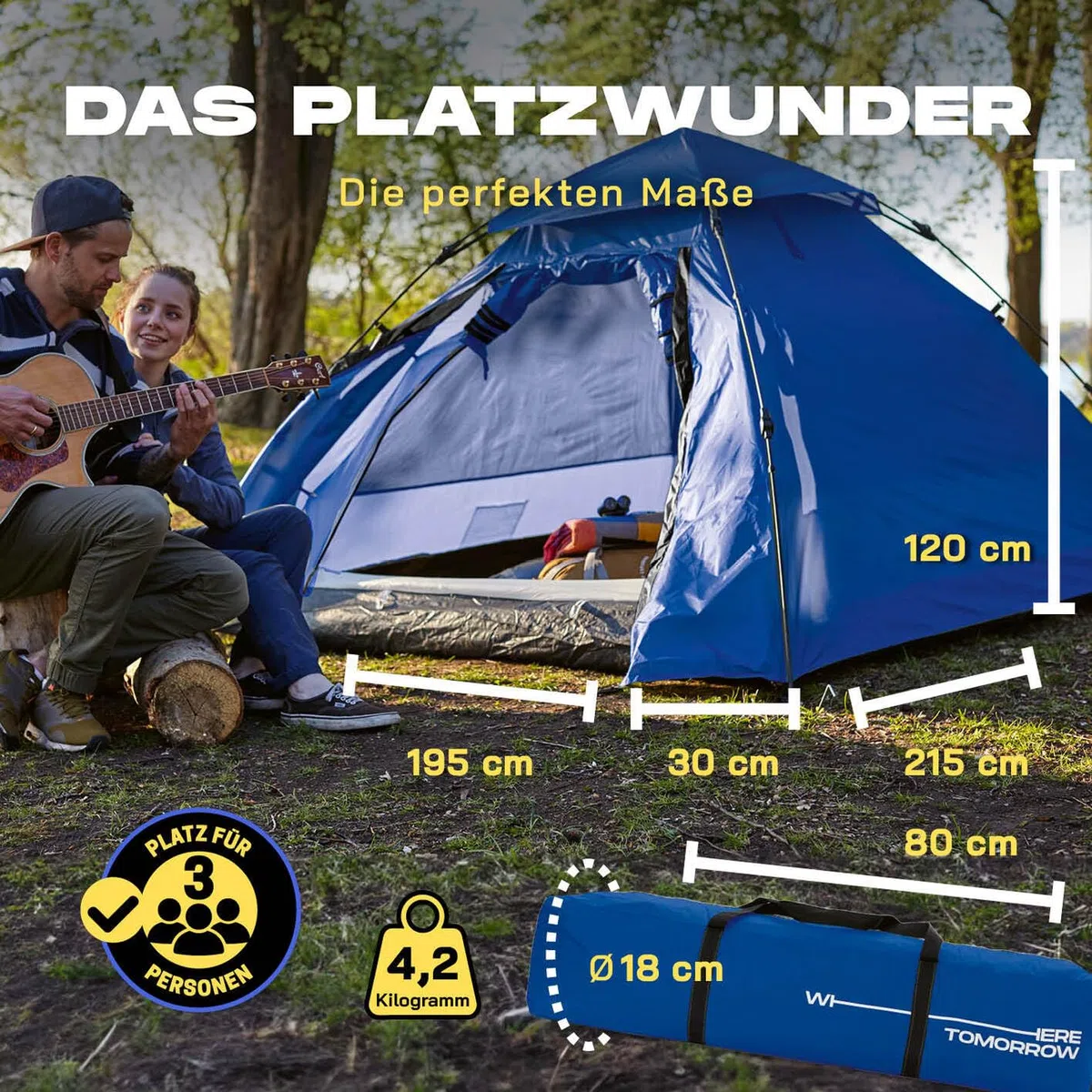 Lumaland Pop Up Camping Zelt | 2-3 Personen Kuppelzelt 215 x 195 x 120 cm| 4 Jahreszeiten Igluzelt | Outdoor Trekking & Festival Wurfzelt | Leicht, Wasserdicht & Robust | Aufbau simpel, schnell