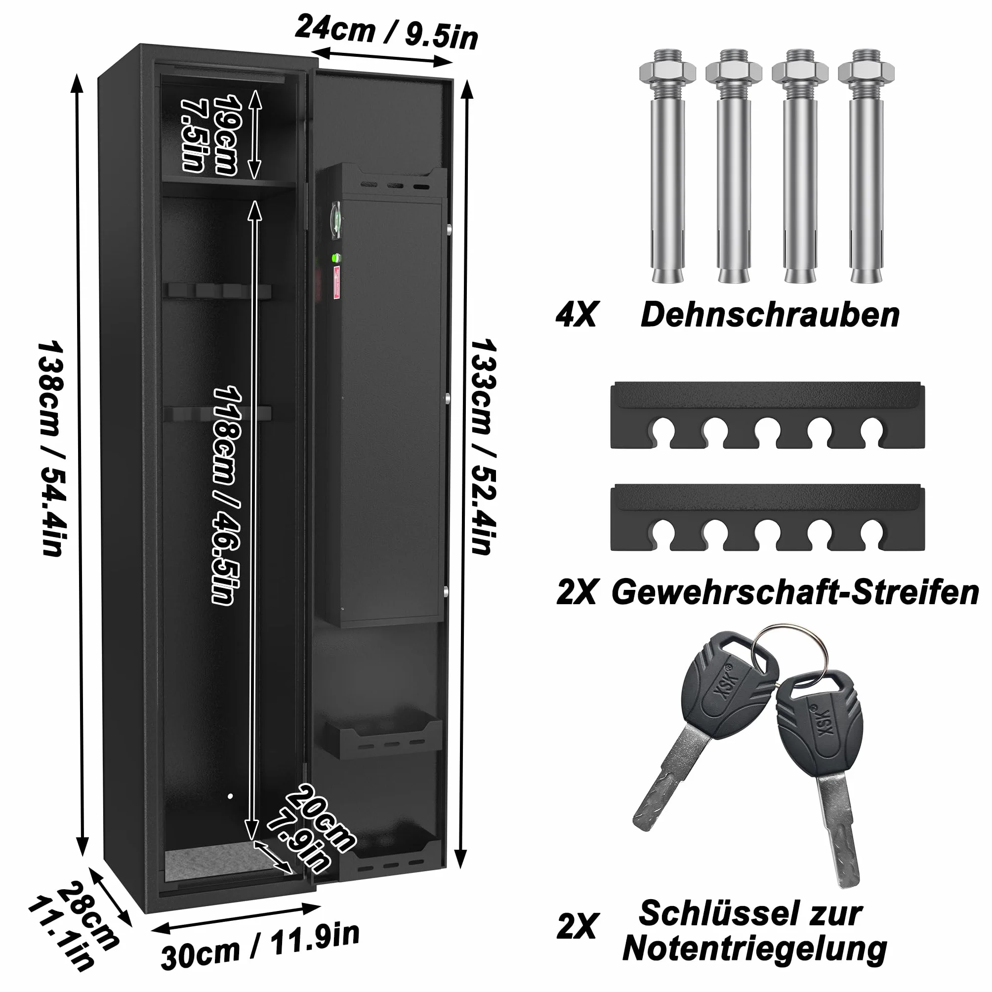 Froadp Waffenschrank Munitionsschrank aus Stahlblech Waffentresor Waffenkabinett 30x28x138cm Einstellbarer Waffenschrank Langwaffenschrank mit Schlüsselschloss & Zahlenschloss - Schwarz