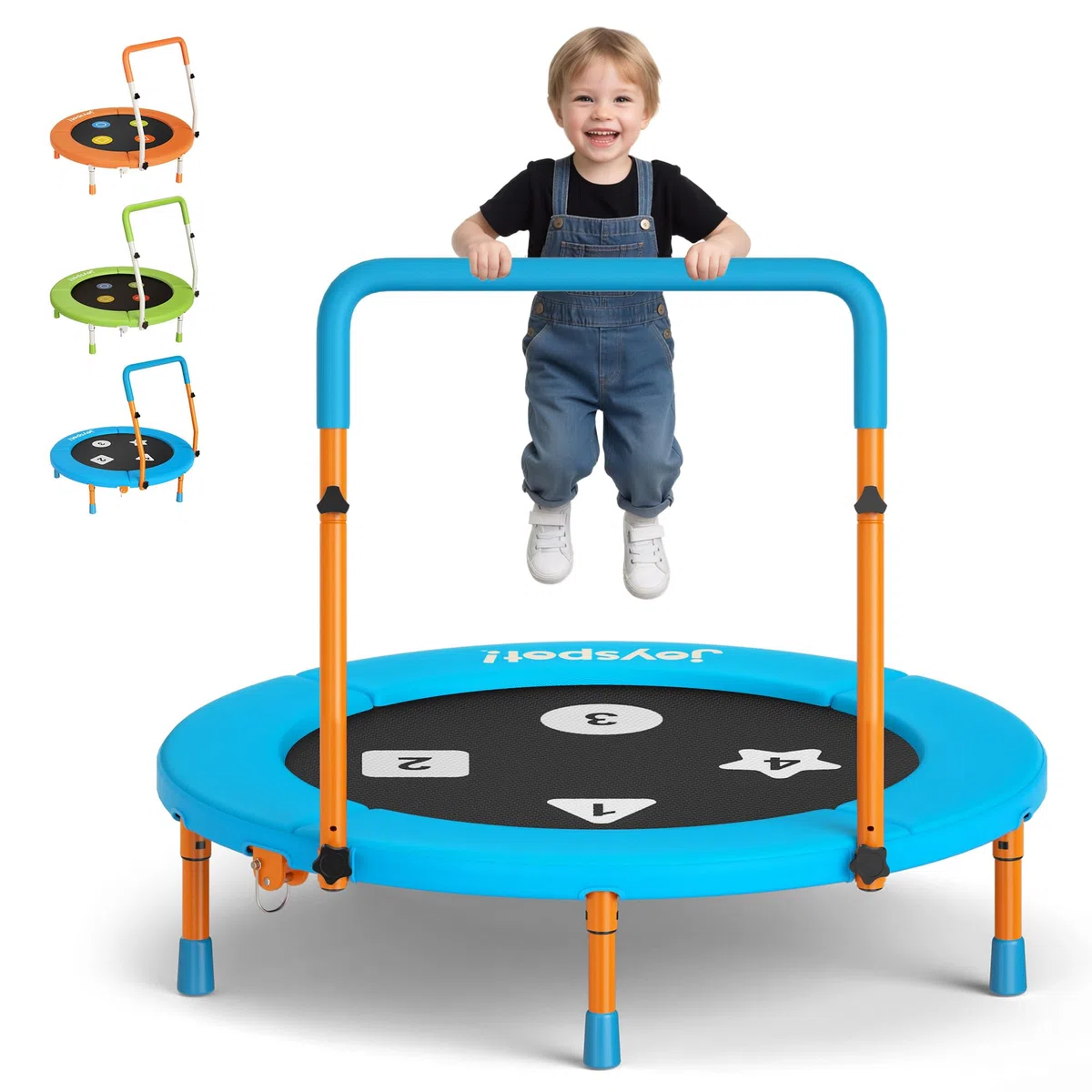 JOY SPOT! Ø91cm Trampolin Kinder Indoor, Mini Trampolin mit Verstellbarer Haltegriff, Faltbares Kindertrampolin bis 45 kg, Fitness Rebounder mit Sicherheitspolster für Kleinkind 3-12