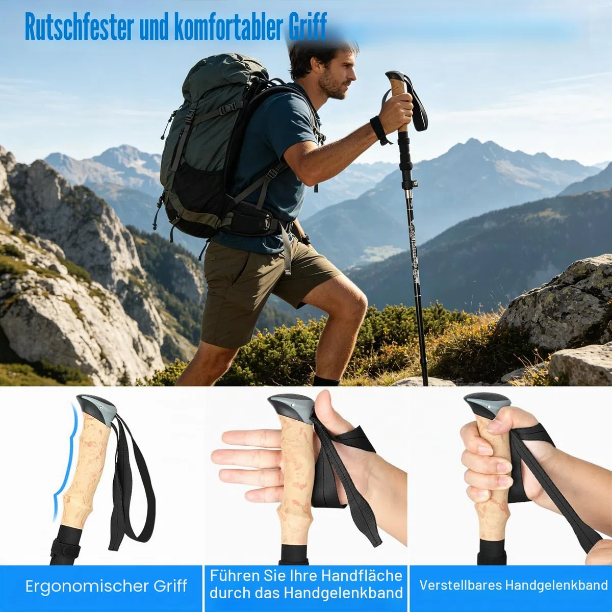 Wanderstöcke, Faltbar, Teleskopstöcke (110-130 cm), Ultraleichte Alu Trekkingstöcke oder Carbon, Walking Stöcke mit Korkgriff für Nordic Walking, Hiking Poles Klappbar für Skifahren & Bergsport