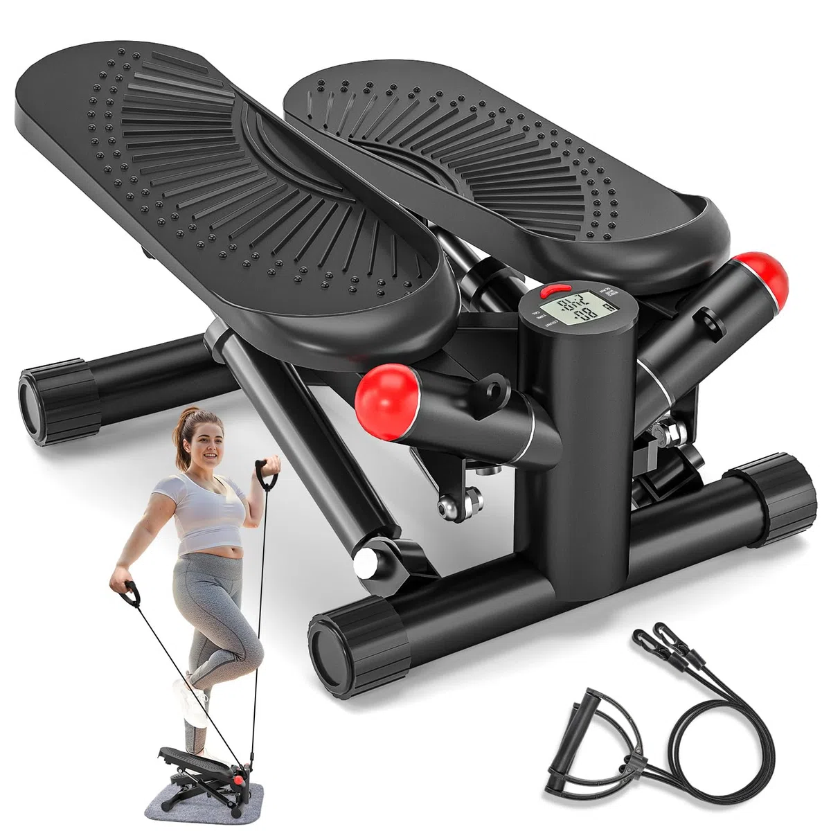 Mini Stepper für Zuhause mit Power Ropes, Höhenverstellbar Up-Down Swing Stepper mit LCD-Monitor, Hometrainer für Anfänger & Fitness Trainingsgerät 150kg Bein/Arm Trainer Home Fitness Exercise