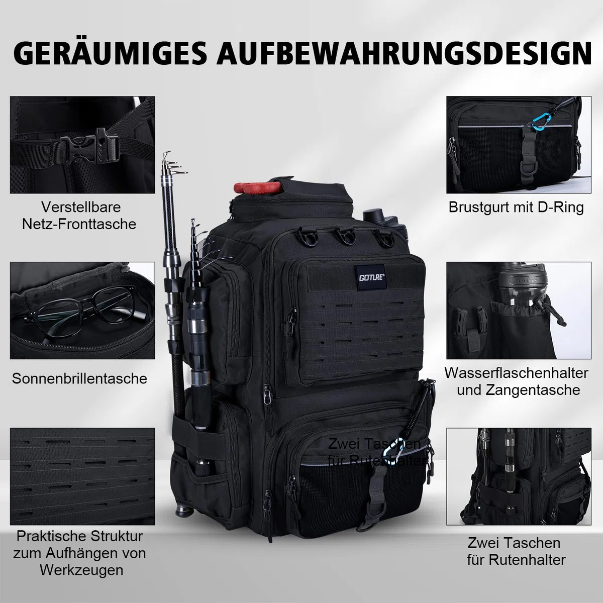 Goture Angelrucksack mit 4 Köderbox Angeln, 45-Liter Angelzubehör-Rucksack mit Zwei Rutenhaltern und Regenschutz, 900D Oxford-Gewebe Wasserabweisende Angelgerätetasche mit verstellbarem Fach
