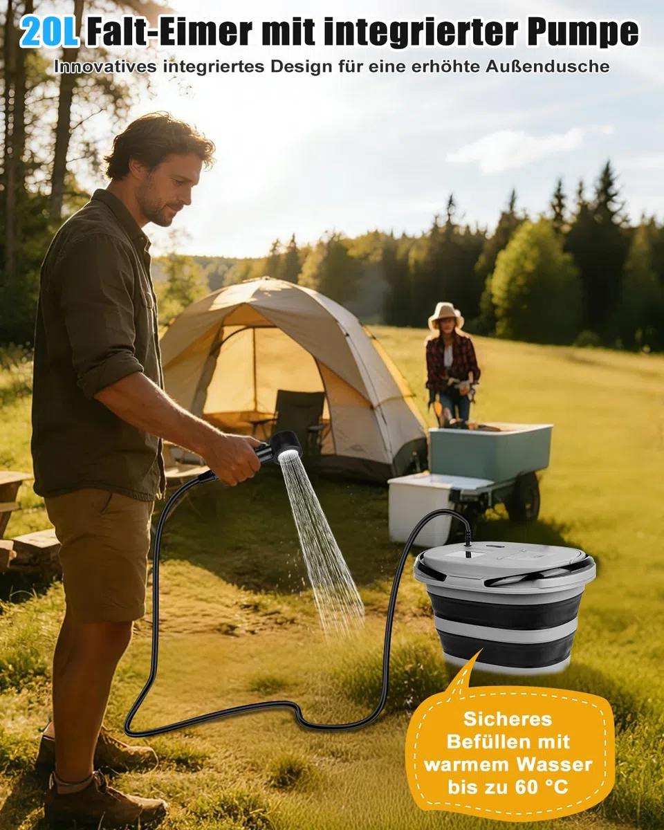 Campingdusche Tragbare 13000mAh Camping Dusche mit Pumpe 20L Klappbarer Eimer USB-Aufladung
