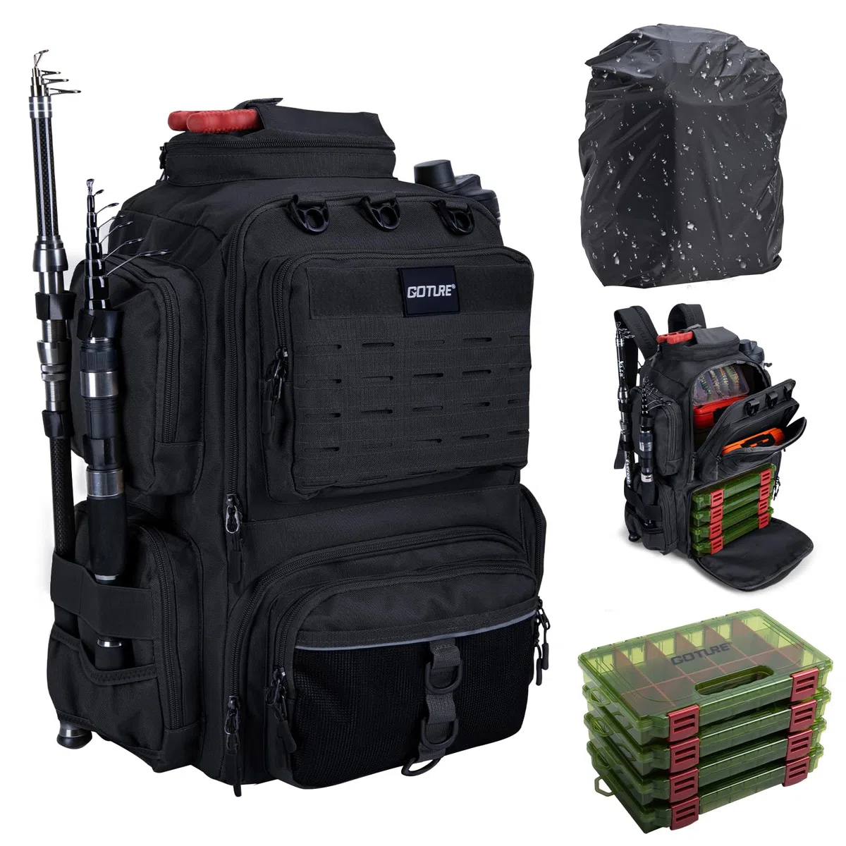 Goture Angelrucksack mit 4 Köderbox Angeln, 45-Liter Angelzubehör-Rucksack mit Zwei Rutenhaltern und Regenschutz, 900D Oxford-Gewebe Wasserabweisende Angelgerätetasche mit verstellbarem Fach