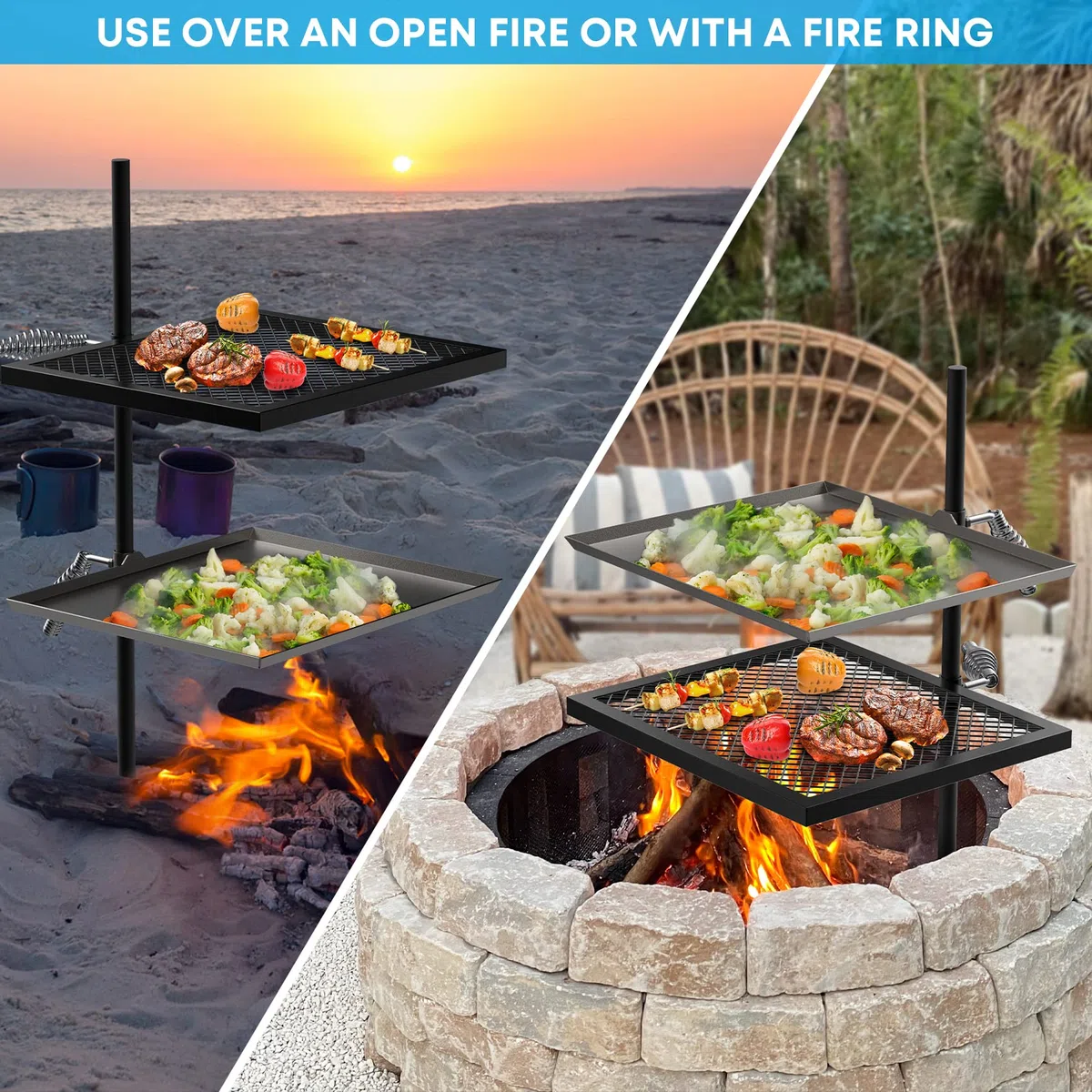 Onlyfire Schwenkgrill mit Grillrost, Grillplatte und 2 Verstellbaren Gefederten Griffen, Multifunktional Grillgestell für Feuerschale, Offenem Feuer, Tragbarer Campinggrill