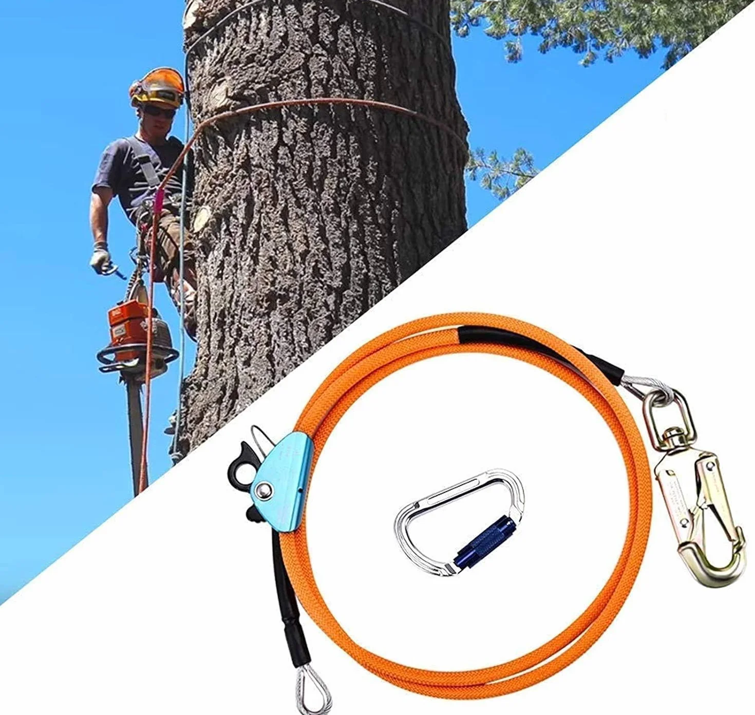 Stahlkern Baumkletterseil,12 mm x 3 m Outdoor Sicherheitsseil,Flipline zum Baumklettern mit dreifach verriegelbarem Karabiner,geringe Dehnung,schnittfest für Baumpfleger,Baumkletterer,Absturzsicherung