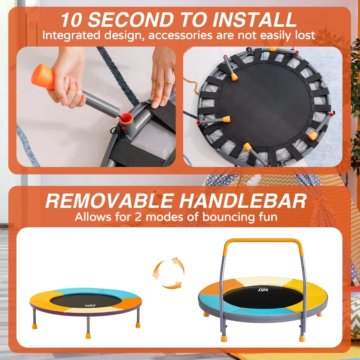 JOY SPOT! Kinder Trampolin Indoor Outdoor, Ø 91cm Faltbares Minitrampolin mit Verstellbarer Griff, Kindertrampolin Klappbar Max 68 kg, Gartentrampolin für Kleinkind Jungen, Mädchen ab 3 4 5 6 7 Jahren