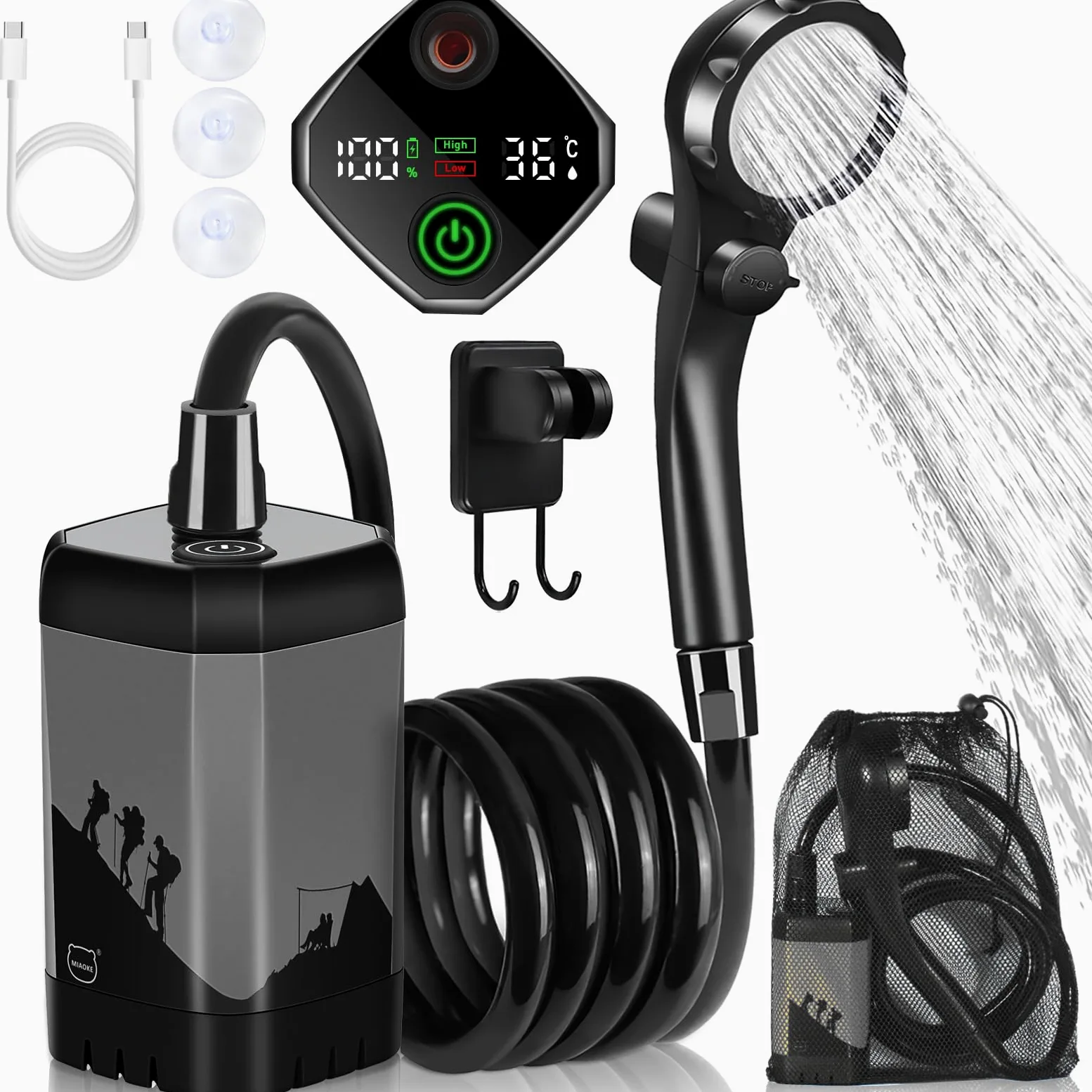 Upgrade Tragbare Campingdusche, 7800 mAh elektrische Außendusche, wiederaufladbare Pumpe mit intelligenter Digitalanzeige, Temperaturanzeige, Duschkopf für Camping, Wandern