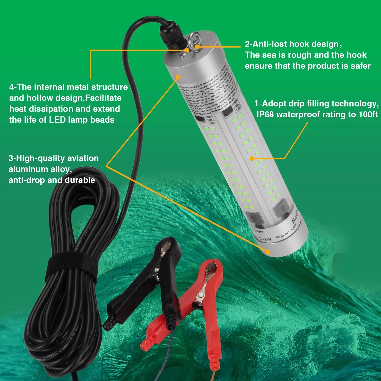 80W 9600 Lumen superhelle Fischköder Unterwasser LED Angellicht (Grün) | IP68 wasserdichte Fischattraktor lampe Fischauge Köder Licht für Boot, Meer, Eisfischen, Süßwasser und Salzwasser grünes