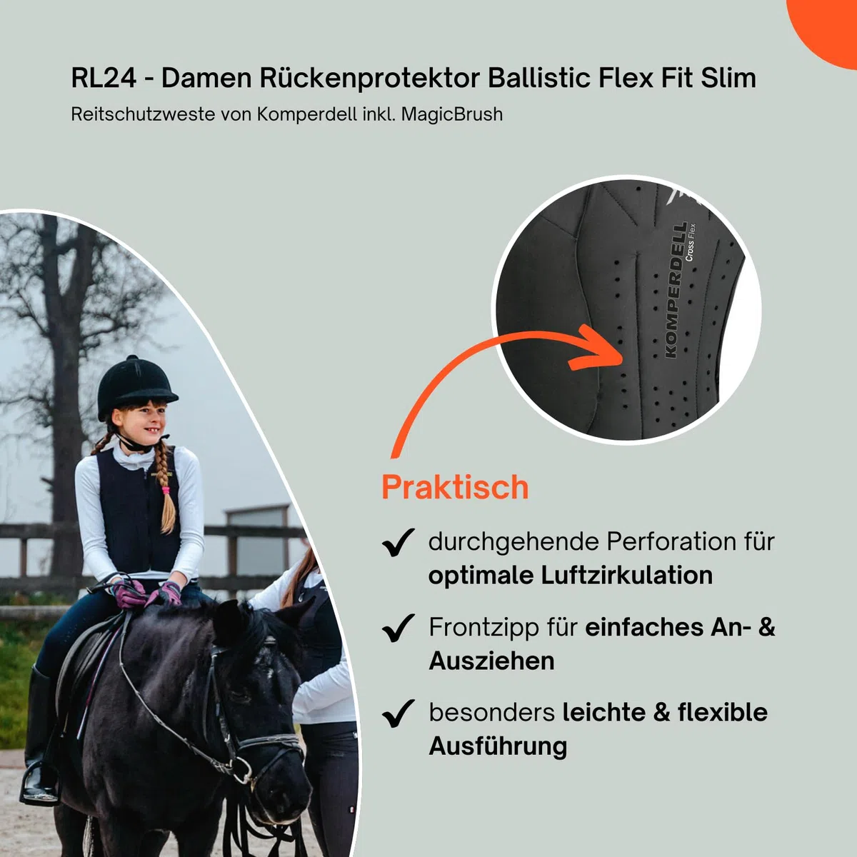 RL24 - Kinder Rückenprotektor Komperdell Ballistic Champion Junior inkl. Putzschwamm – Protektorenweste – ergonomisch & leicht – seitliche Schutzzonen – 2 Farben – Gr. 116-152