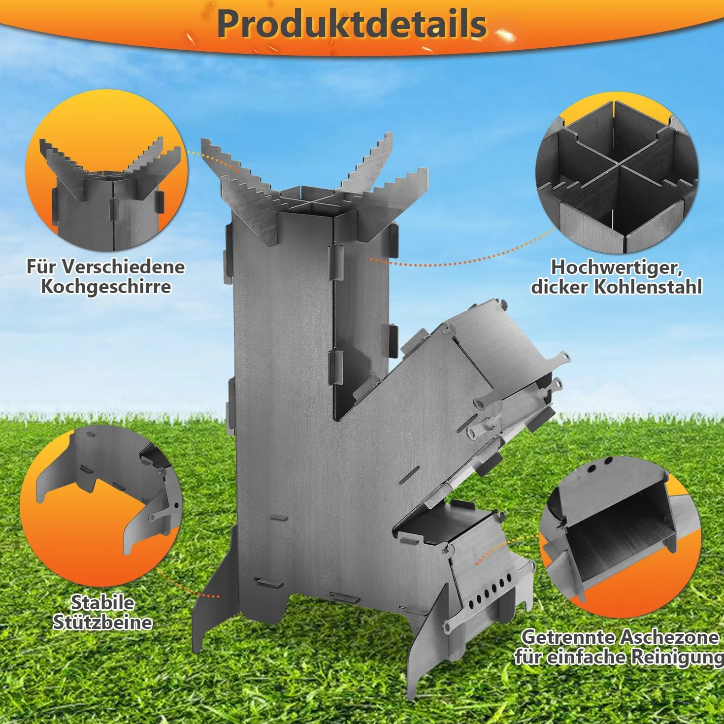 Raketenofen mit Grillplatte und Feuerhaken, Rocket Stove Outdoor, Stecksystem, 3 mm dickem Stahl, Holzofen Campingofen Pelletofen für Dutch Oven BBQ