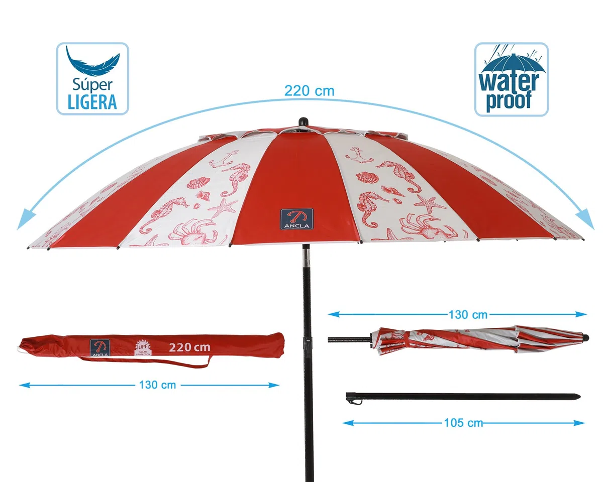 Atosa Strandschirm Ø 180 bis 240 cm aus Aluminium, Modell Meeresboden, mit Tragetasche und Sonnenschutz UPF 50+ in den Farben Blau und Rot, rot, 220 cm, Jug oder Strand