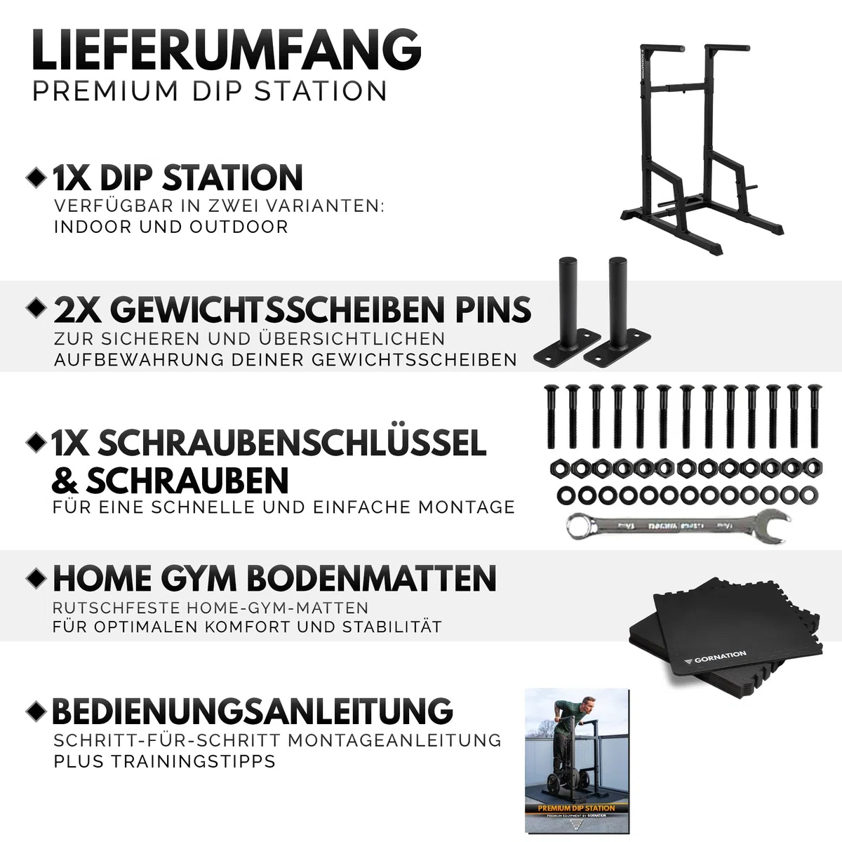 GORNATION Dip Station für Calisthenics & Homegym, Verstellbare Dip Barren Indoor & Outdoor, Freistehende Dip Bars für Dips, L-Sits, & Abs Training, Dipstangen