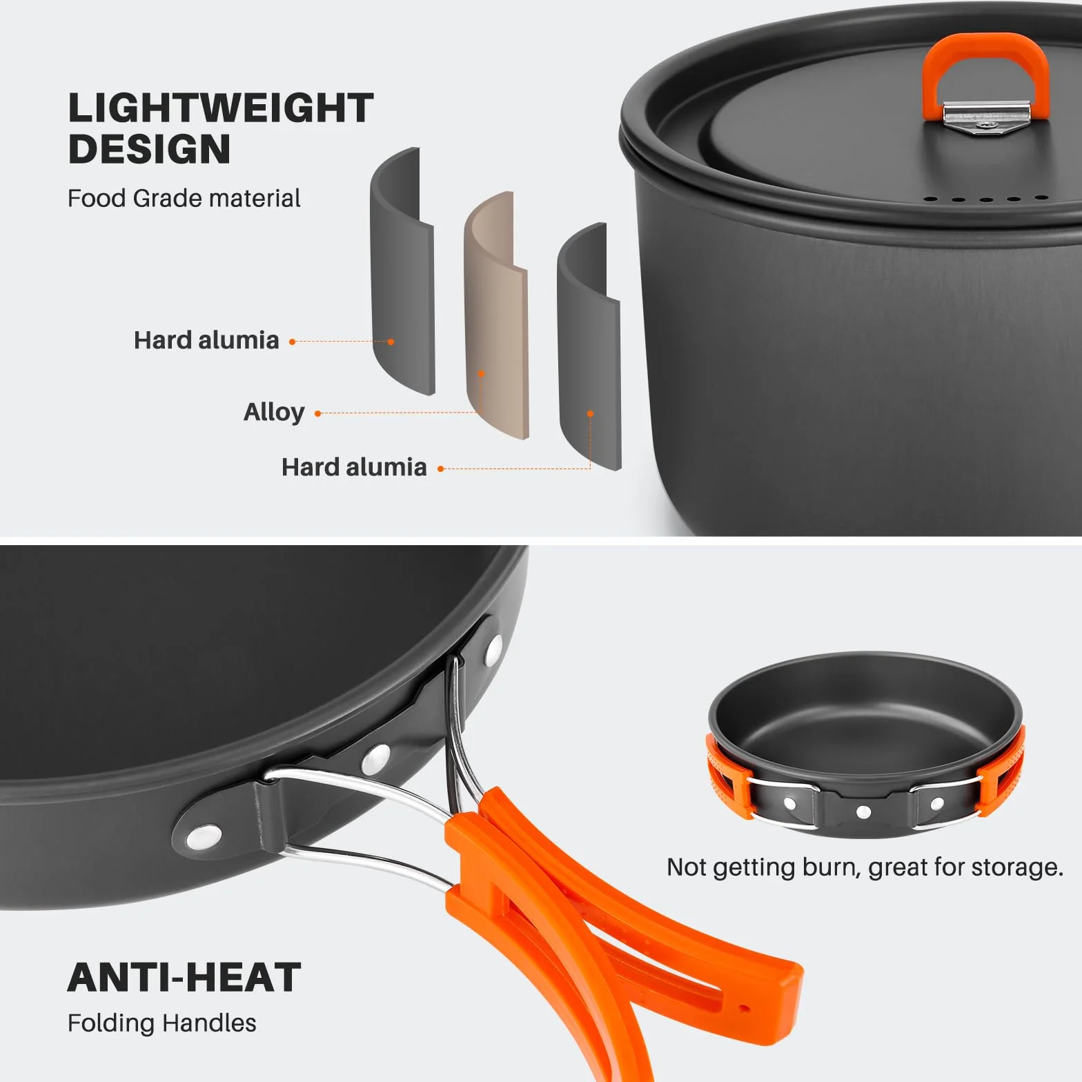Odoland Camping Kochgeschirr Set 16 Teilig, Outdoor Geschirr Set mit 3 Topfe, Bratpfanne und Wasserkocher Camping Kochtopf Set, Kochgeschirr Aluminium für Camping,Reisen,Picknick