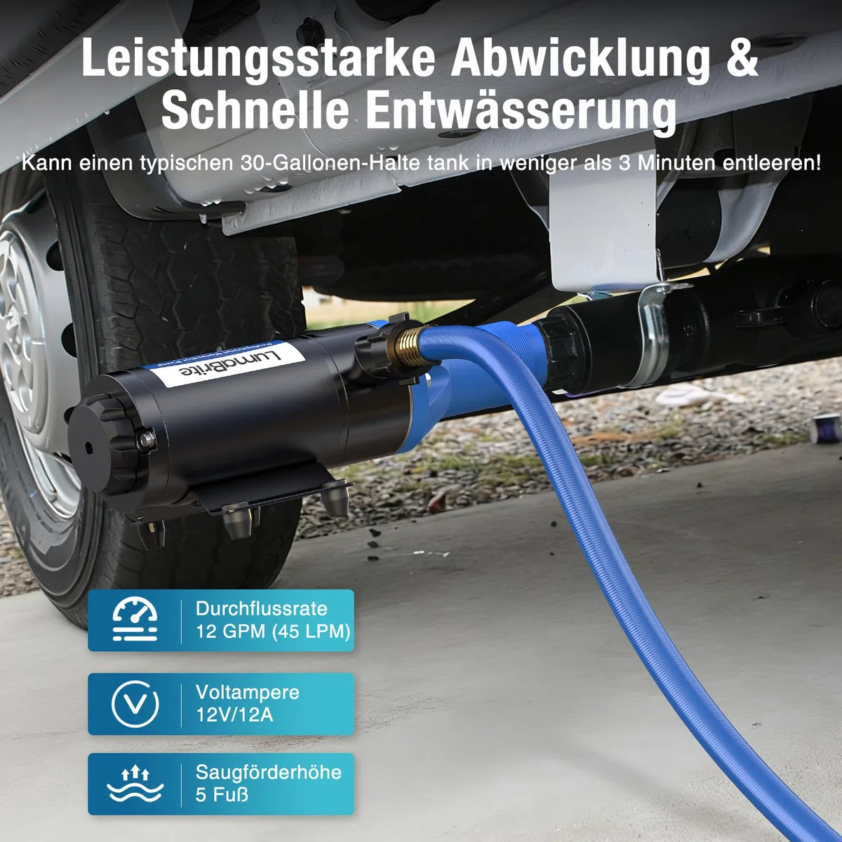 Zerkleinerungspumpensystem 12V, Zerhackerpumpe 12 GPM (45 LPM) | 5 FT Fäkalienpumpe 12V für RV Marine mit 4-Klingen-Hacker für Wohnmobile,Boote,Camper und marine Antiverstopfung