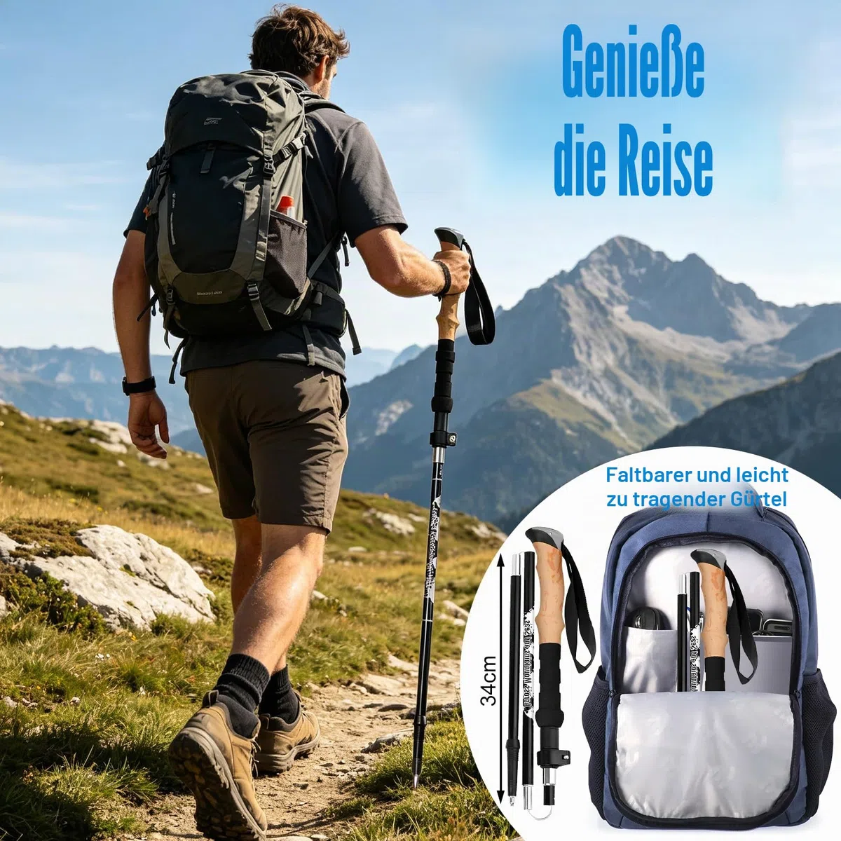 Wanderstöcke, Faltbar, Teleskopstöcke (110-130 cm), Ultraleichte Alu Trekkingstöcke oder Carbon, Walking Stöcke mit Korkgriff für Nordic Walking, Hiking Poles Klappbar für Skifahren & Bergsport