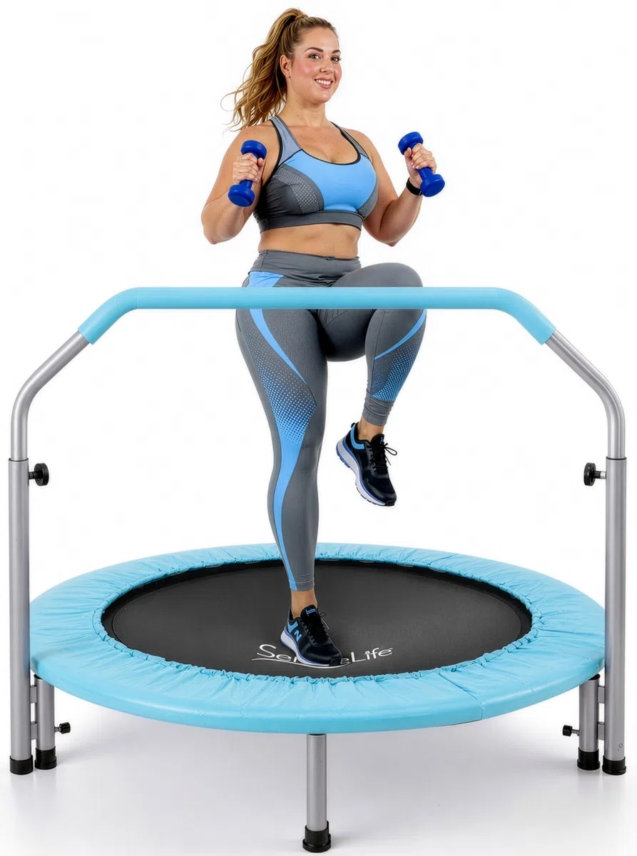SereneLife Fitness Trampolin Indoor, Ø 102 cm – Faltbarer Rebounder mit Rückprall & Höhenverstellbarem Griff, Bis 150KG, ideal für Zuhause, Cardio, Sport & Training