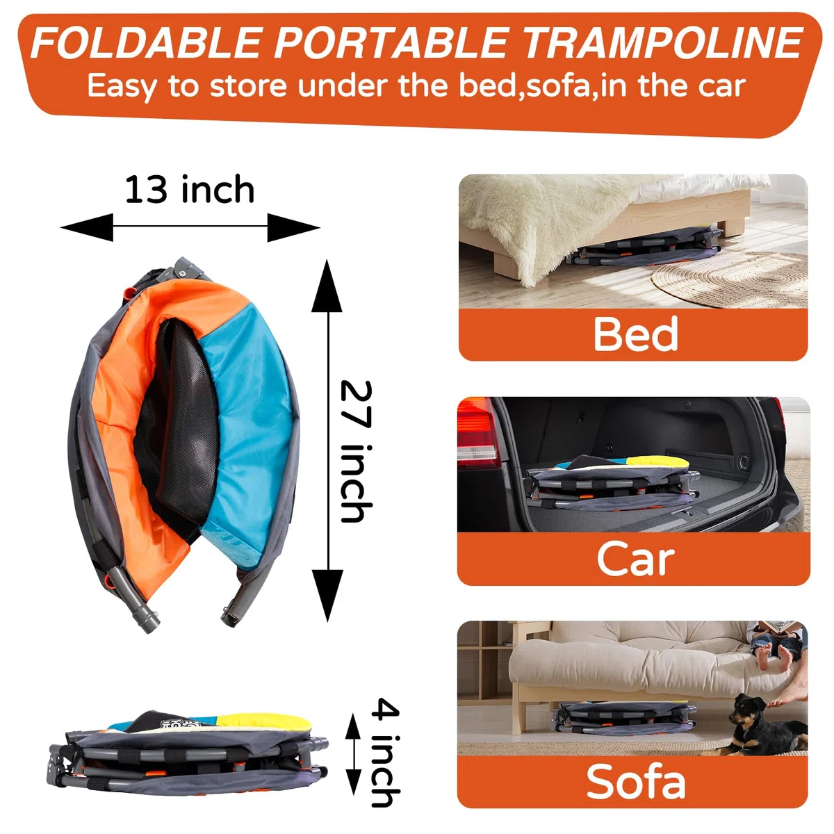 JOY SPOT! Kinder Trampolin Indoor Outdoor, Ø 91cm Faltbares Minitrampolin mit Verstellbarer Griff, Kindertrampolin Klappbar Max 68 kg, Gartentrampolin für Kleinkind Jungen, Mädchen ab 3 4 5 6 7 Jahren