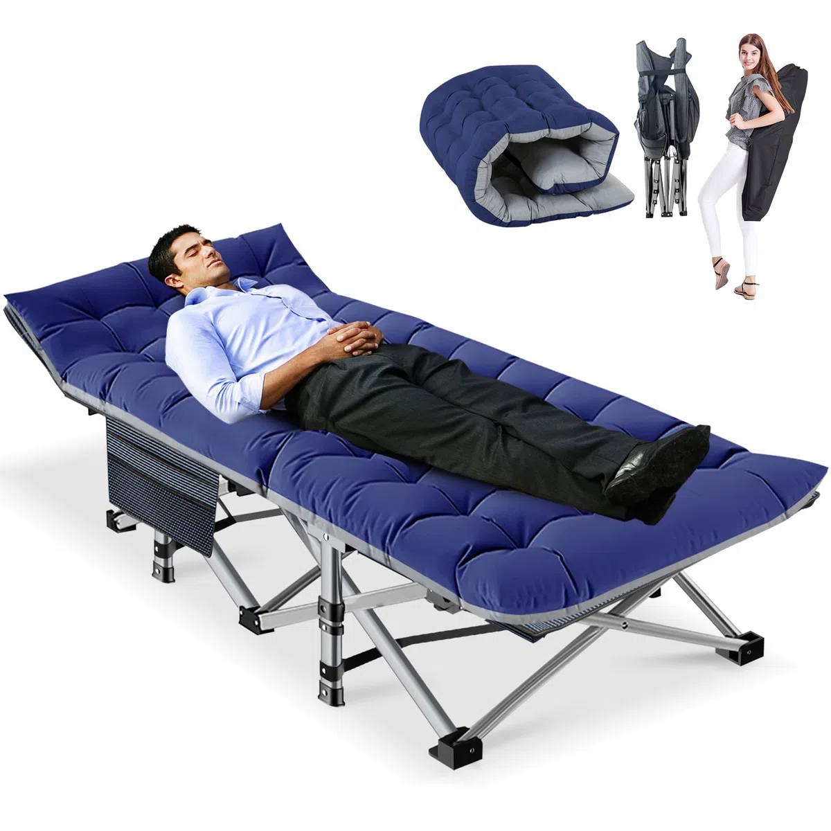 Klappbares Campingbett mit Matratze und Seitentaschen, 200KG Belastbarkeit Klappbett Gästebett, Stahlrahmen und Oxford Tuch Feldbett Klappbar, 190 x 71 x 36 cm, für Garten Büro Camping Pool