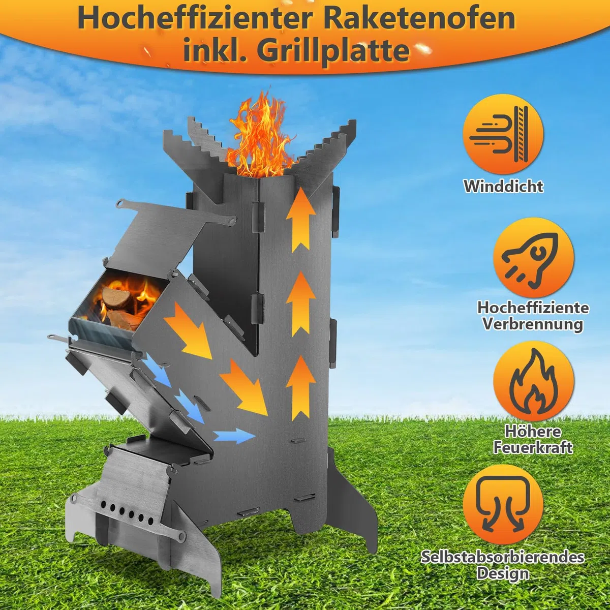Raketenofen mit Grillplatte groß 5mm, Rocket Stove aus massivem 3 mm dickem Stahl, mit Feuerhaken, Kanonenofen Stecksystem mit 2 zusätzlichen Standfüßen，Holzofen Outdoor für Camping, BBQ, Dutch Oven