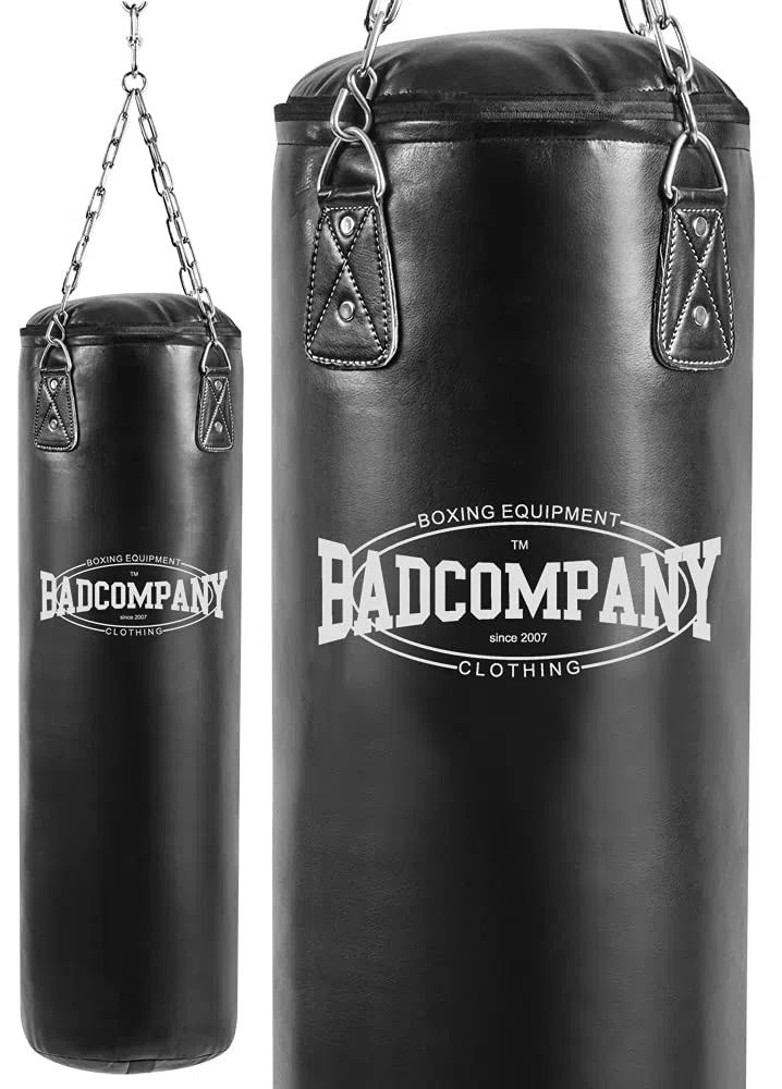 Bad Company Boxsack inkl. Heavy Duty Vierpunkt-Stahlkette I Vinyl Punching Bag, gefüllt/ungefüllt I 80/100/120/150/180 x 35 cm - Schwarz