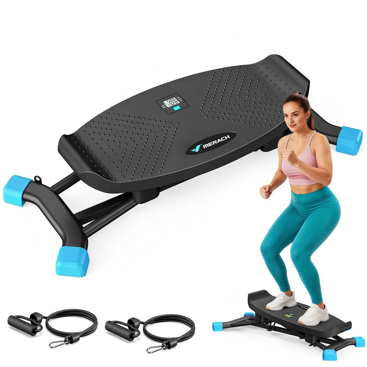 MERACH Twist Board mit Display, Seitlich Balance Board mit 2 Widerstandsbändern, bis 136KG, für seitliche Bewegung, Rehabilitation & Koordination, Home Gym, Anfänger