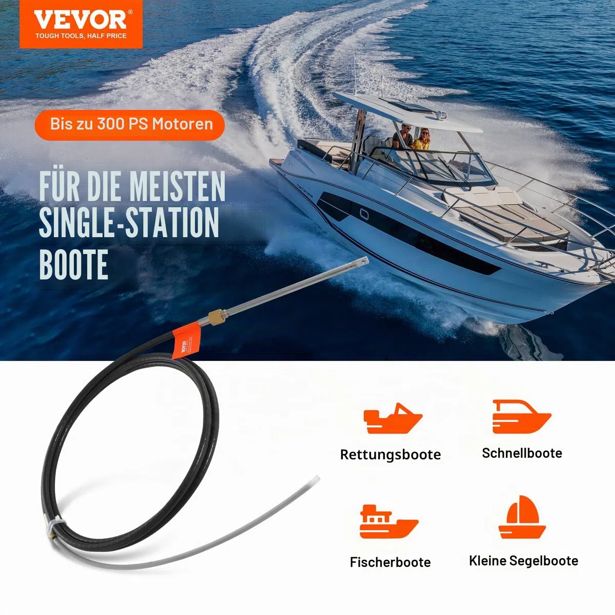 VEVOR Bootslenkkabel, 520 cm Außenbord-Marine-Drehlenkkabel, 500 kg Hohe Zugfestigkeit, Stahllenkradkabel, Kompatibel mit den Meisten Einzelstations-Außenbordsteuersystemen Schwarz