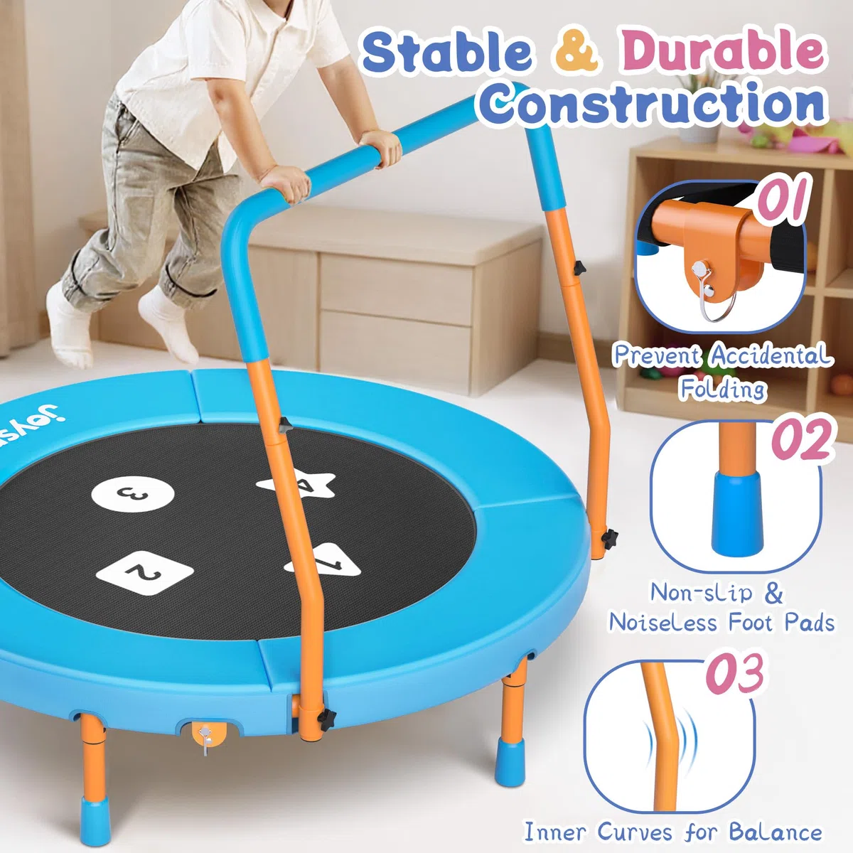 JOY SPOT! Ø91cm Trampolin Kinder Indoor, Mini Trampolin mit Verstellbarer Haltegriff, Faltbares Kindertrampolin bis 45 kg, Fitness Rebounder mit Sicherheitspolster für Kleinkind 3-12