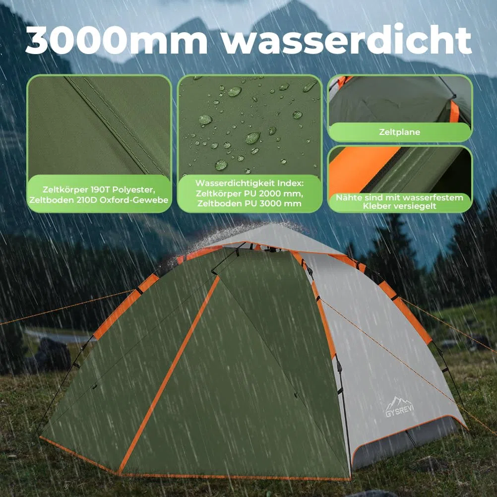 Camping Zelt Automatisches 3 Personen Instant Zelt Pop Up Zelt 4 Jahreszeiten Winddicht Wasserdicht Kuppelzelt mit 2 Mesh-Tür, 2 Mesh-Fenster, 2 in 1 Doppelschichten, Tragetasche für Familie