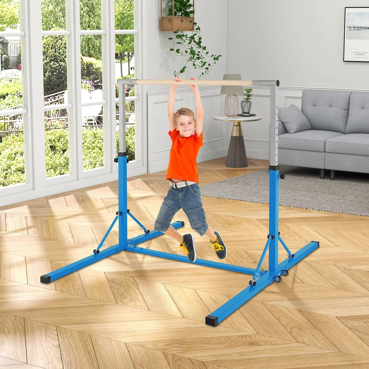 COSTWAY Gymnastik Turnreck klappbar, Turnreck 90-150cm höhenverstellbar, Reckstange mit Rollen, tragbarer Turnstangen bis 100kg belastbar, Reckanlage, Trainingsgeräte