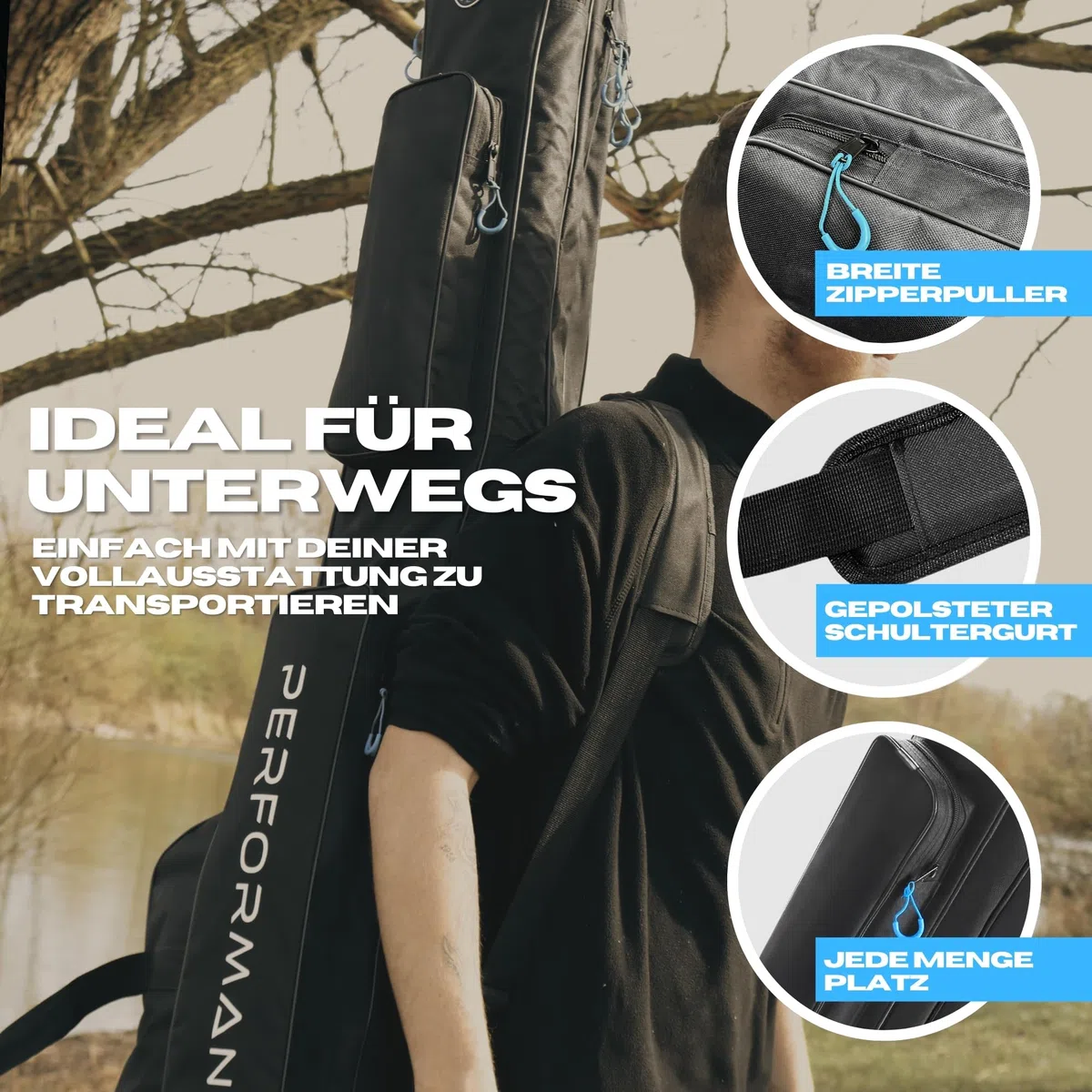 Pro Tackle Strike 3-Fach Rutenfutteral 145cm/165cm – Rutentasche für 3 montierte Angelruten & Rollen – Wasserabweisendes 600D Nylon, Rucksackfunktion & 2 Außentaschen für Kescher & Zubehör
