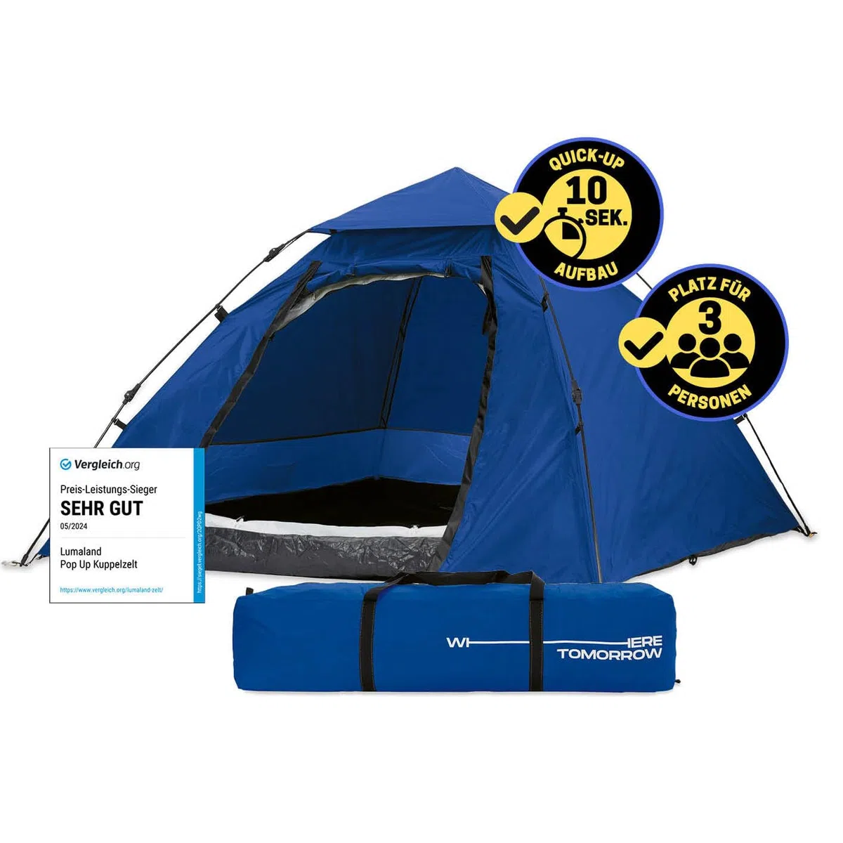 Lumaland Pop Up Camping Zelt | 2-3 Personen Kuppelzelt 215 x 195 x 120 cm| 4 Jahreszeiten Igluzelt | Outdoor Trekking & Festival Wurfzelt | Leicht, Wasserdicht & Robust | Aufbau simpel, schnell