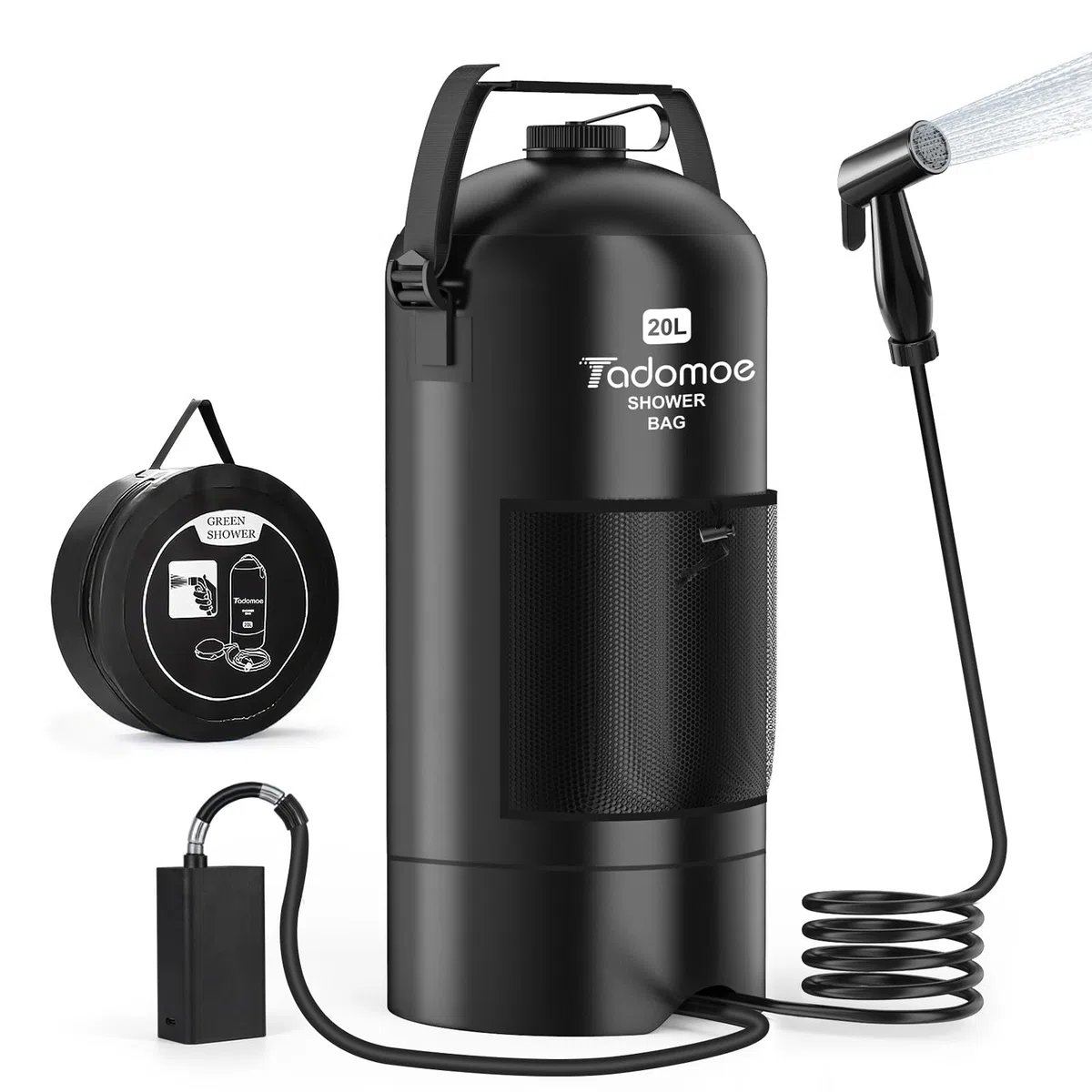Campingdusche 20L mit 2000mAh Pumpe - Faltbare Outdoor Dusche inkl. 2m Schlauch & Aufbewahrungstasche - Mobile Solardusche für Wohnmobil