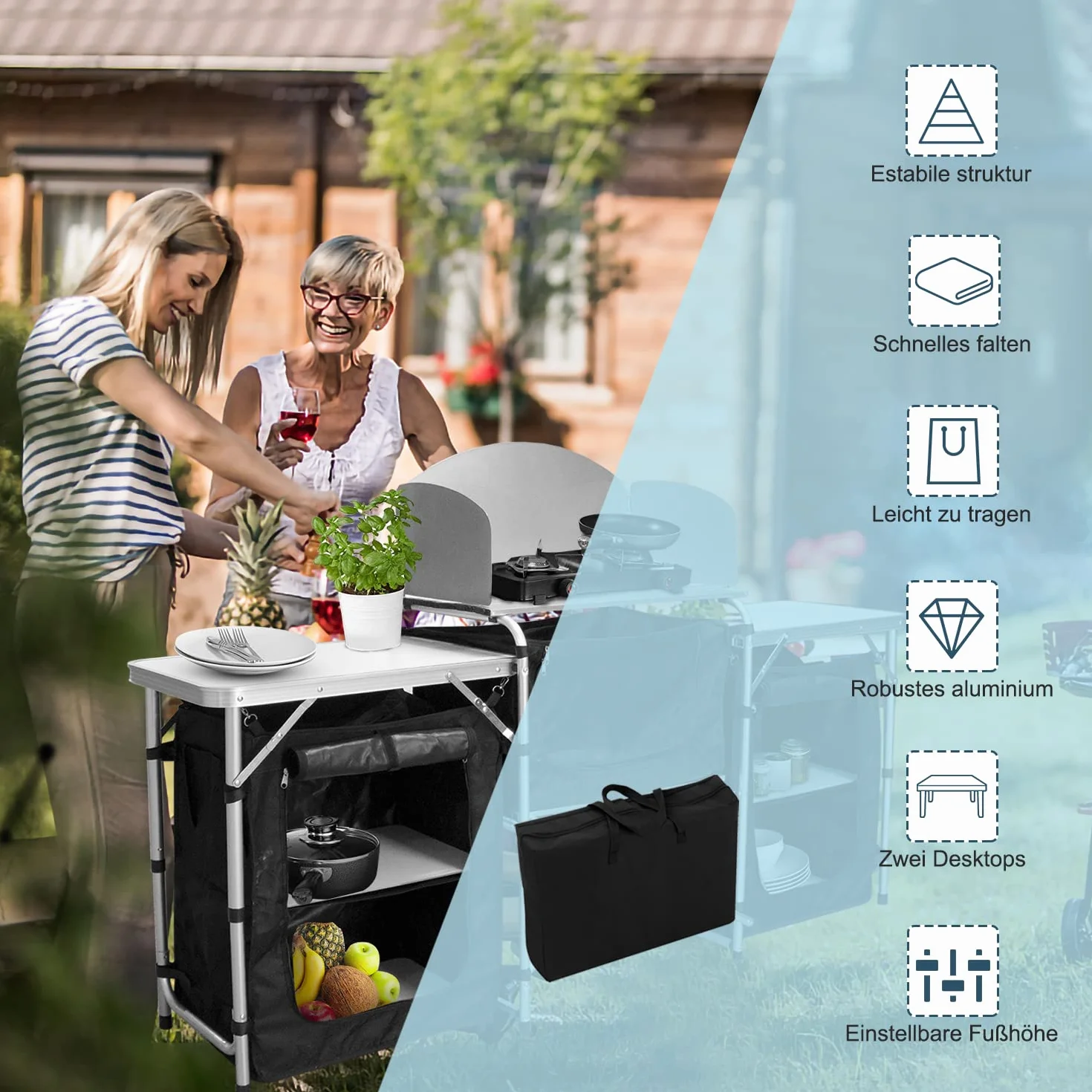 Campingküche mit Aluminiumgestell| Outdoor Camping Küche| Reiseküche| Zeltschrank| Küchenbox