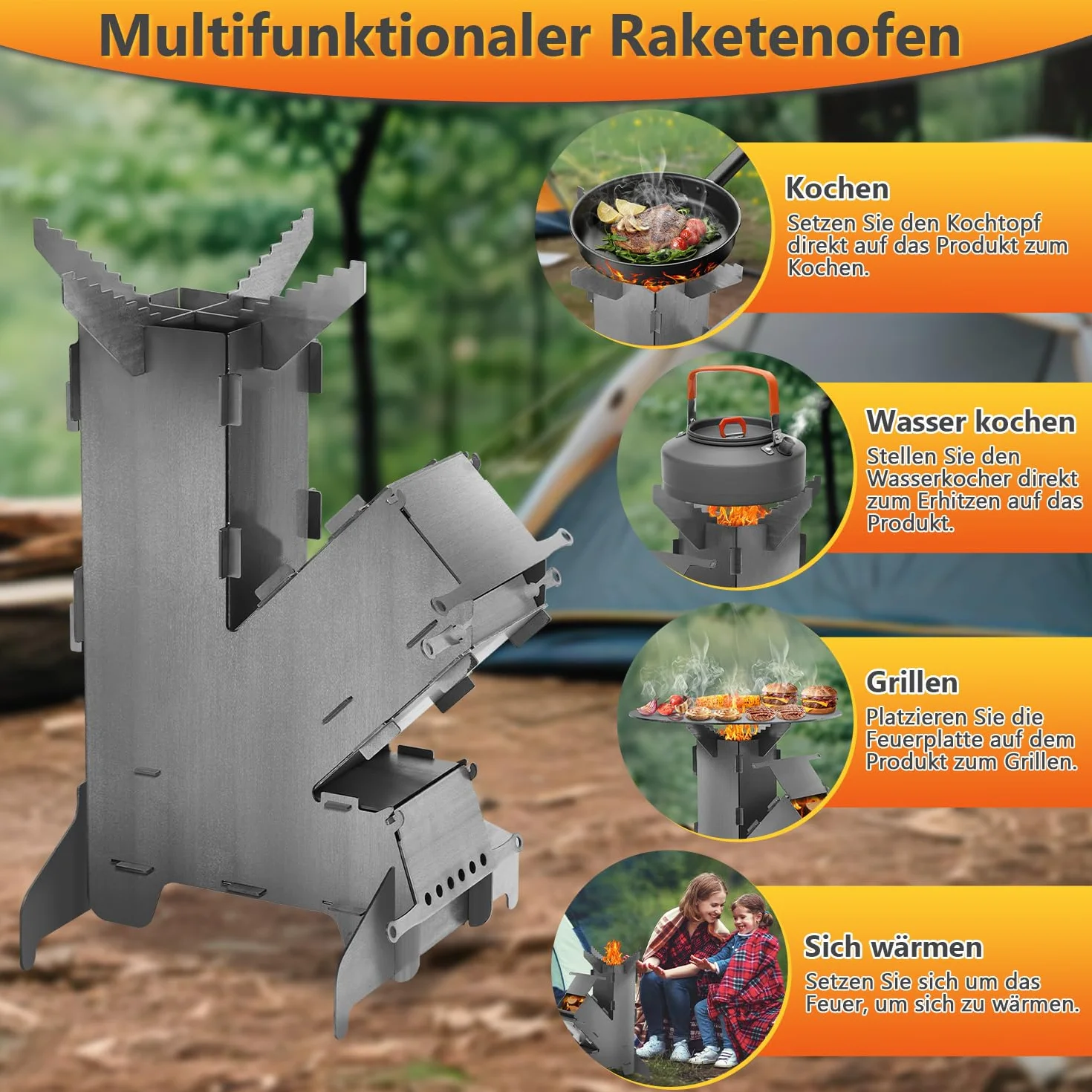 Raketenofen mit Grillplatte und Feuerhaken, Rocket Stove Outdoor, Stecksystem, 3 mm dickem Stahl, Holzofen Campingofen Pelletofen für Dutch Oven BBQ