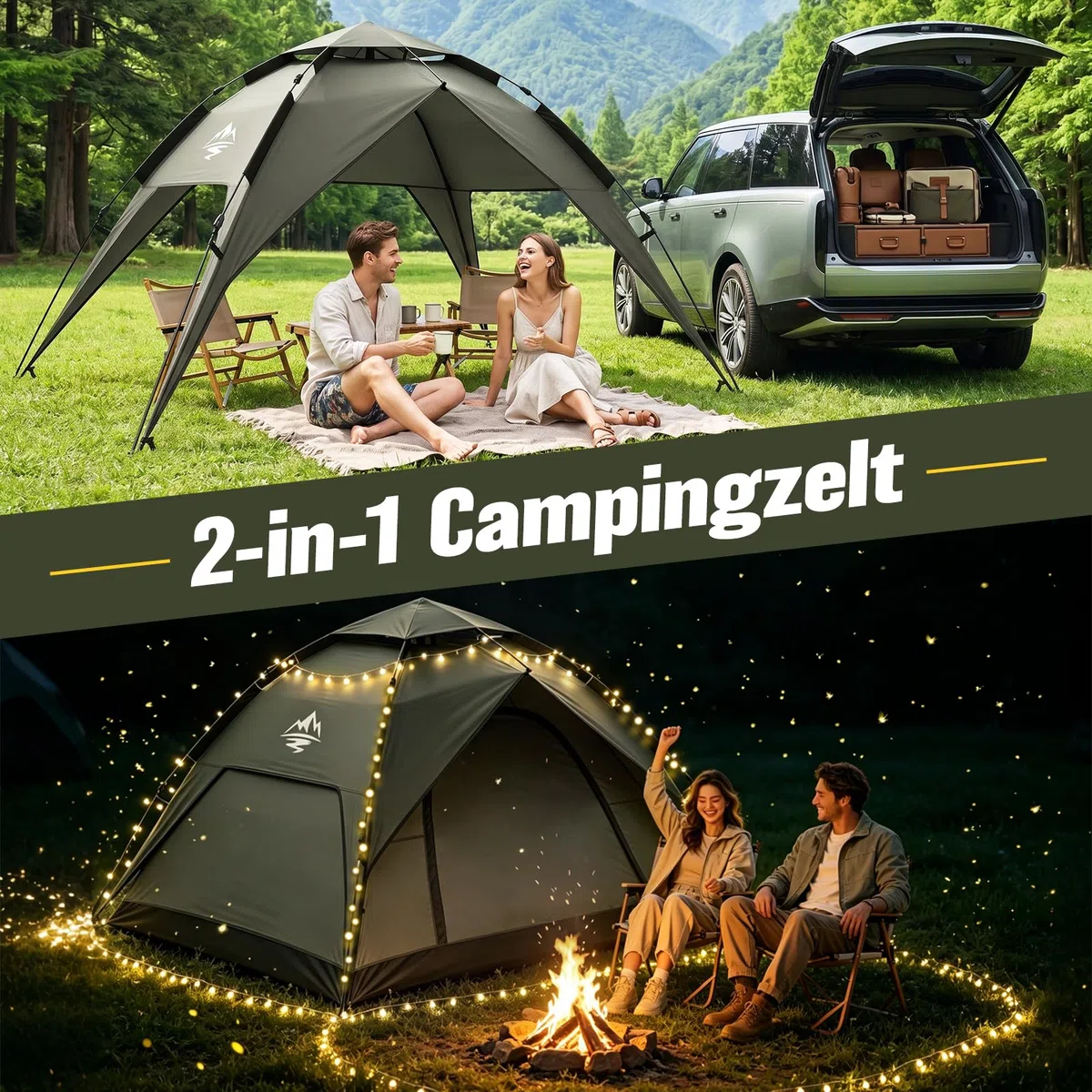 Zelt 2/3/4 Personen Campingzelt Pop Up - 40s Automatik Schnellaufbau, 2-4 Mann Zelte Wasserdicht 3000mm & Winddicht, Doppelwand Kuppelzelt mit Regenschutz, Wurfzelt für Camping