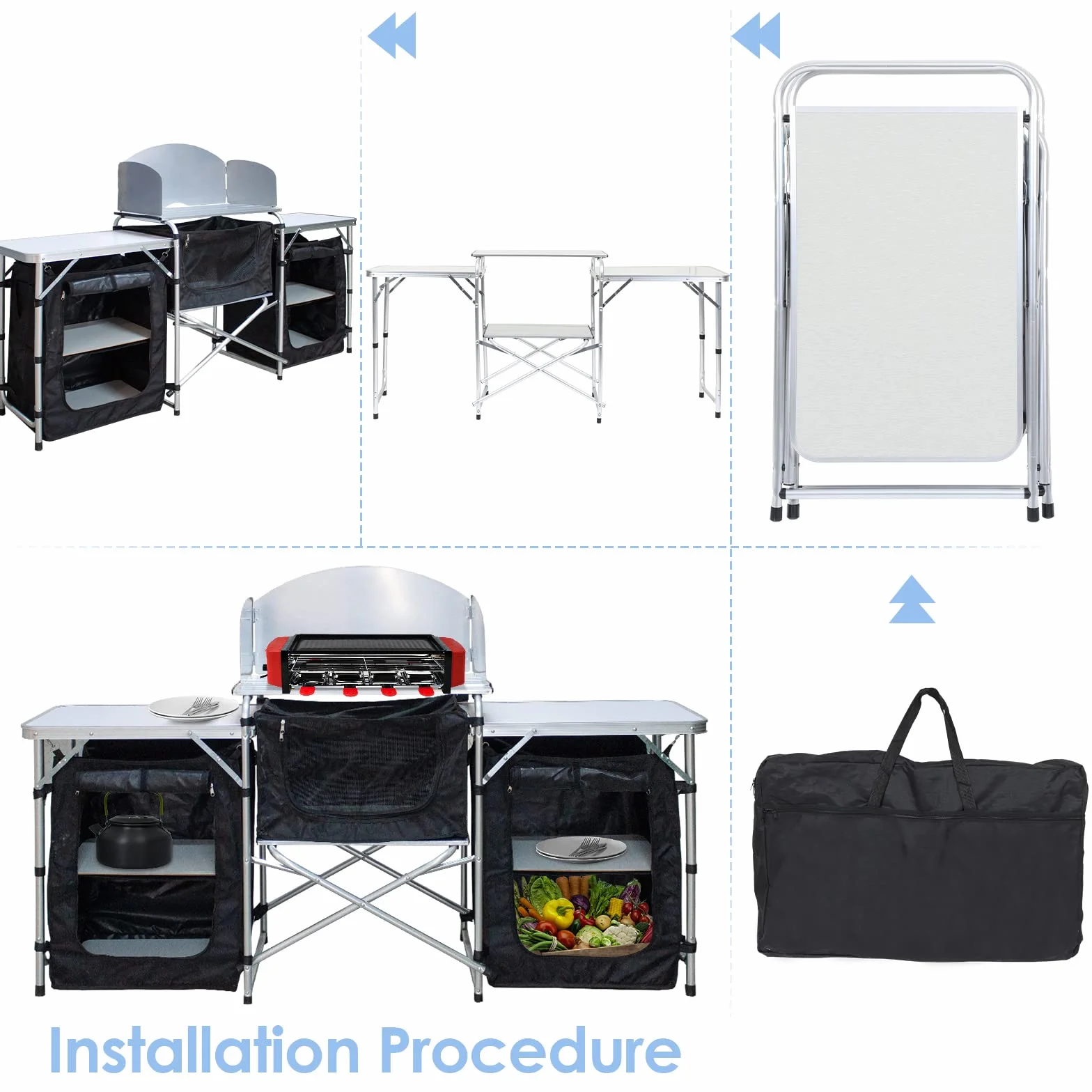 Campingküche mit Aluminiumgestell| Outdoor Camping Küche| Reiseküche| Zeltschrank| Küchenbox
